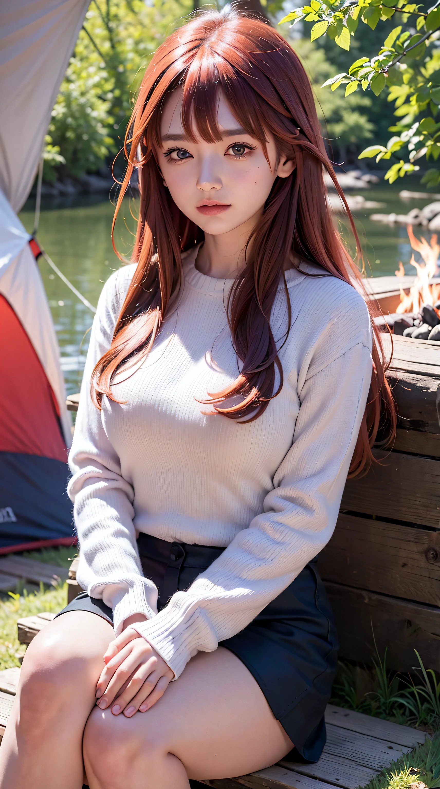 itsuki nakano, bangs, blue eyes, hair between eyes, ahoge, red hair, red hair, star \(symbol\), hair ornament, sitting on a log, beautiful, beautiful woman, perfect body, perfect breasts, wearing a sweater, being in the forest, camping, camping tent, trees, evening, evening, campfire, looking at the viewer, a slight smile, realism, masterpiece, textured leather, super detail, high detail, high quality, best quality, 1080p, 16k