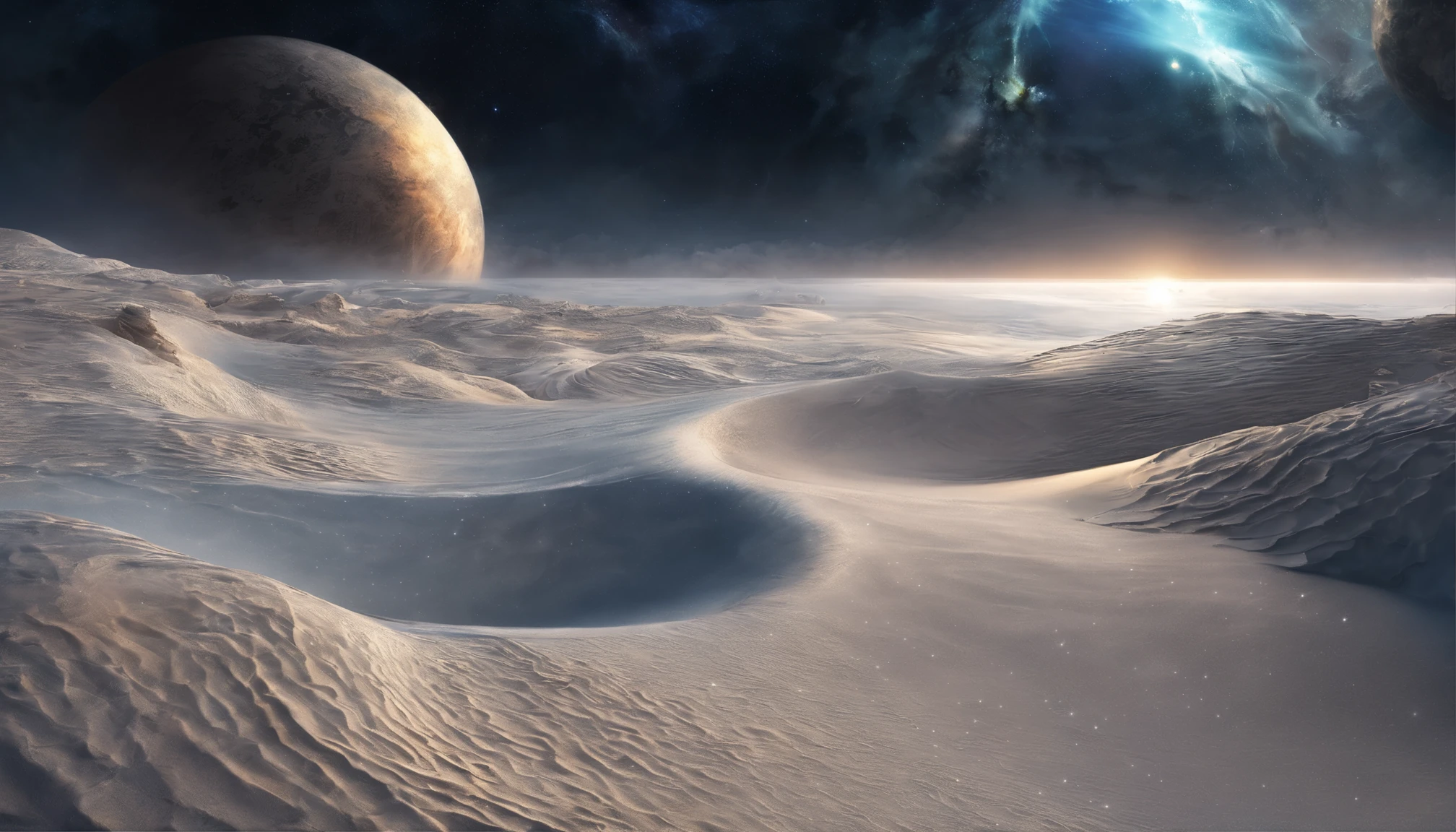 huge planet, the night, starrysky, surrealism, masutepiece, hight resolution、Impressive Milky Way:1.9、sand beach、Vast blue ocean、Blue Waves、Blue glacier、lightning bolt:1.9、Protoplanets、pure beauty