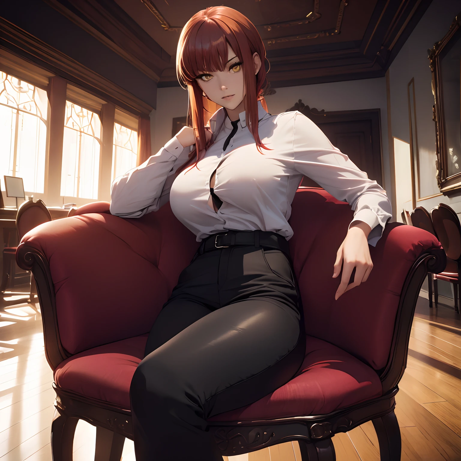 ((top quality, 8k, masterpiece: 1.3, ultra hd, high quality, best quality, high definition, realism)), sharp focus: 1.2, Beautiful woman with a muscular body, Red hair, Beautiful yellow eyes, sharp eyes, Beautiful and cruel face, thin face, big tits, White formal shirt with open buttons, tight black pants, Abs, Arm muscle, Sexy and seductive pose on chair, Both thighs opened very wide.