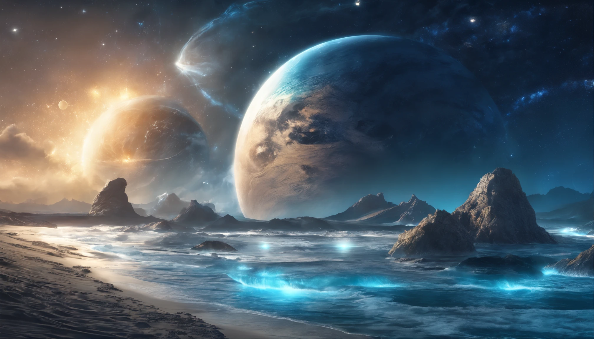 huge planet, the night, starrysky, surrealism, masutepiece, hight resolution、Impressive Milky Way:1.9、sand beach、Vast blue ocean、Blue Waves、Blue glacier、lightning bolt:1.9、Protoplanets、pure beauty