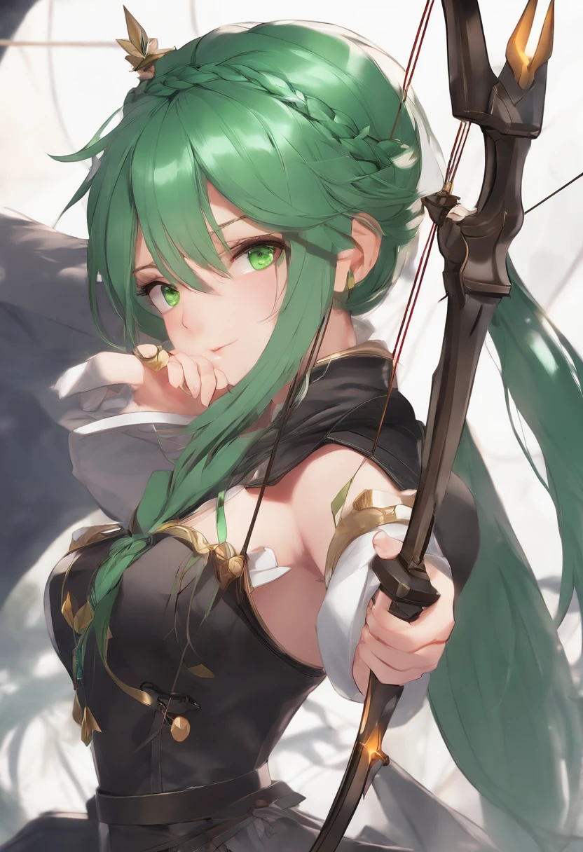 1 girl, green hair, messy hair, small twintail braids on front of hair, green eyes, fancy grand magic bow, firing an arrow, well dressed, archer,