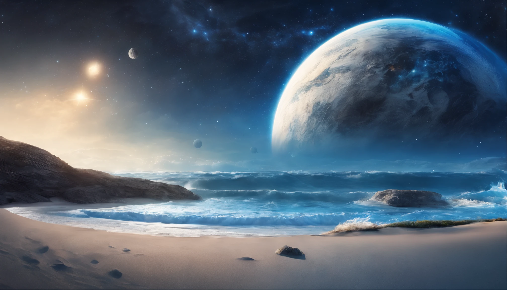 huge planet, the night, starrysky, surrealism, masutepiece, hight resolution、Impressive Milky Way:1.9、sand beach、Vast blue ocean、Blue Waves、Blue glacier、lightning bolt:1.9、Protoplanets、pure beauty