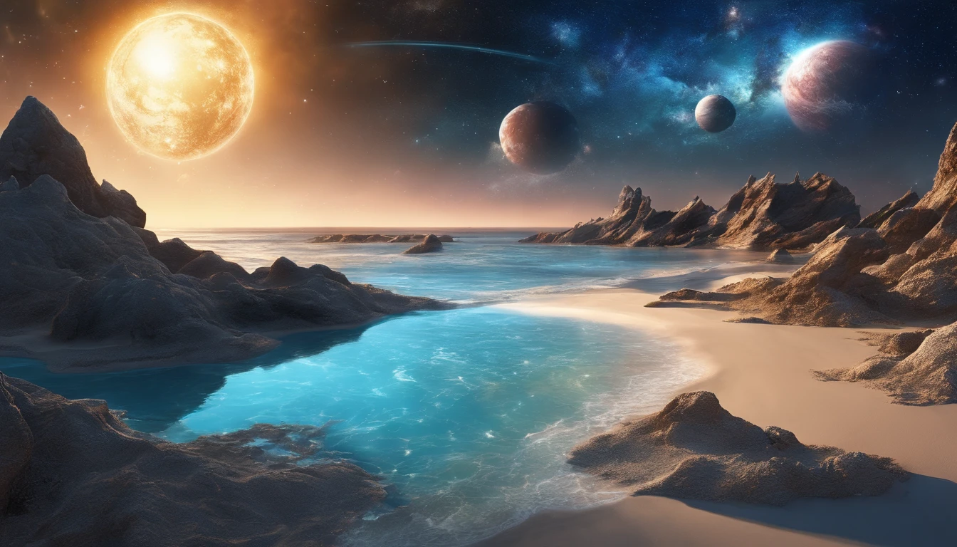 huge planet, the night, starrysky, surrealism, masutepiece, hight resolution、Impressive Milky Way:1.9、sand beach、Vast blue ocean、Blue Waves、Blue glacier、lightning bolt:1.9、Protoplanets、pure beauty