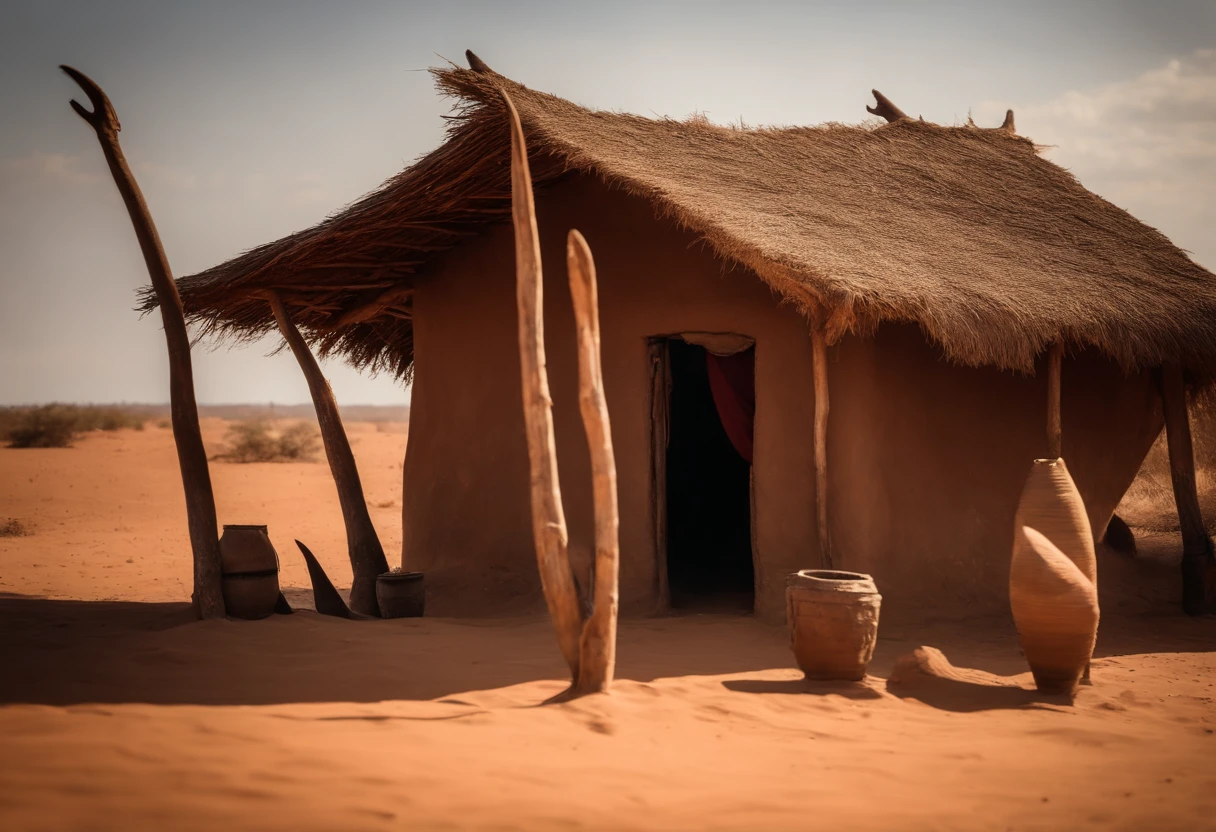A madagascar au Sud, Interior of a mud house in the middle of the desert, warrior's house where you can see a Zebu horn, An oasis of water
