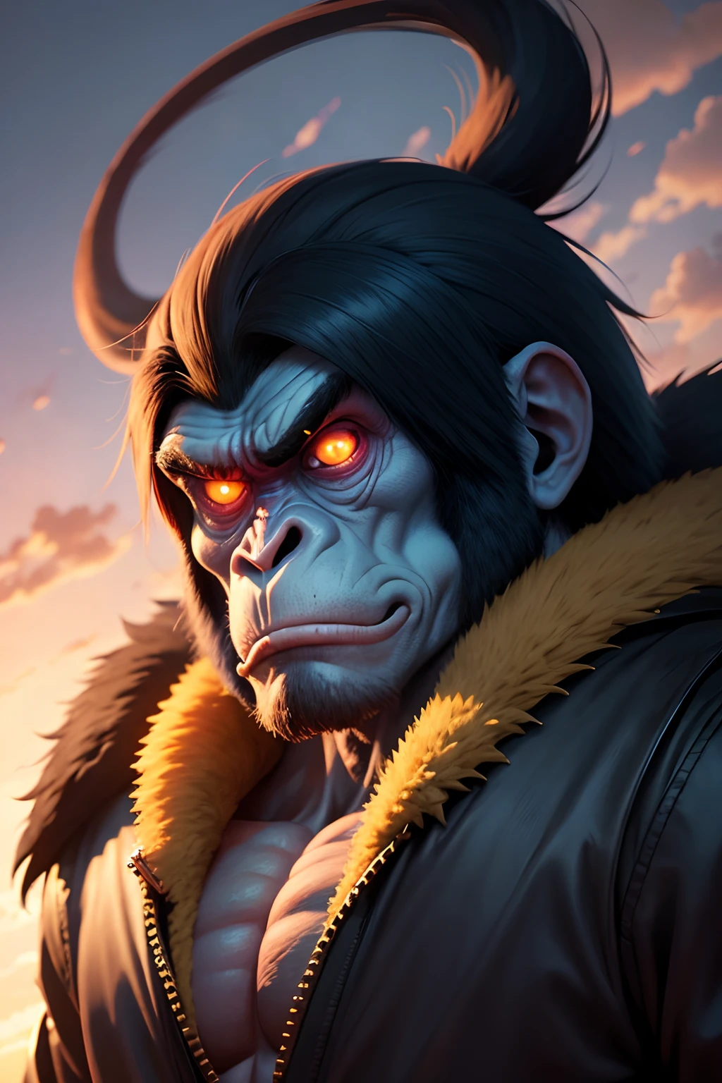 Colorful anime with a very large head and a very long neck, Gorila, gorila rabugento, como gorila, macaco entediado, looking threatening, menacingly!, menacing stare,