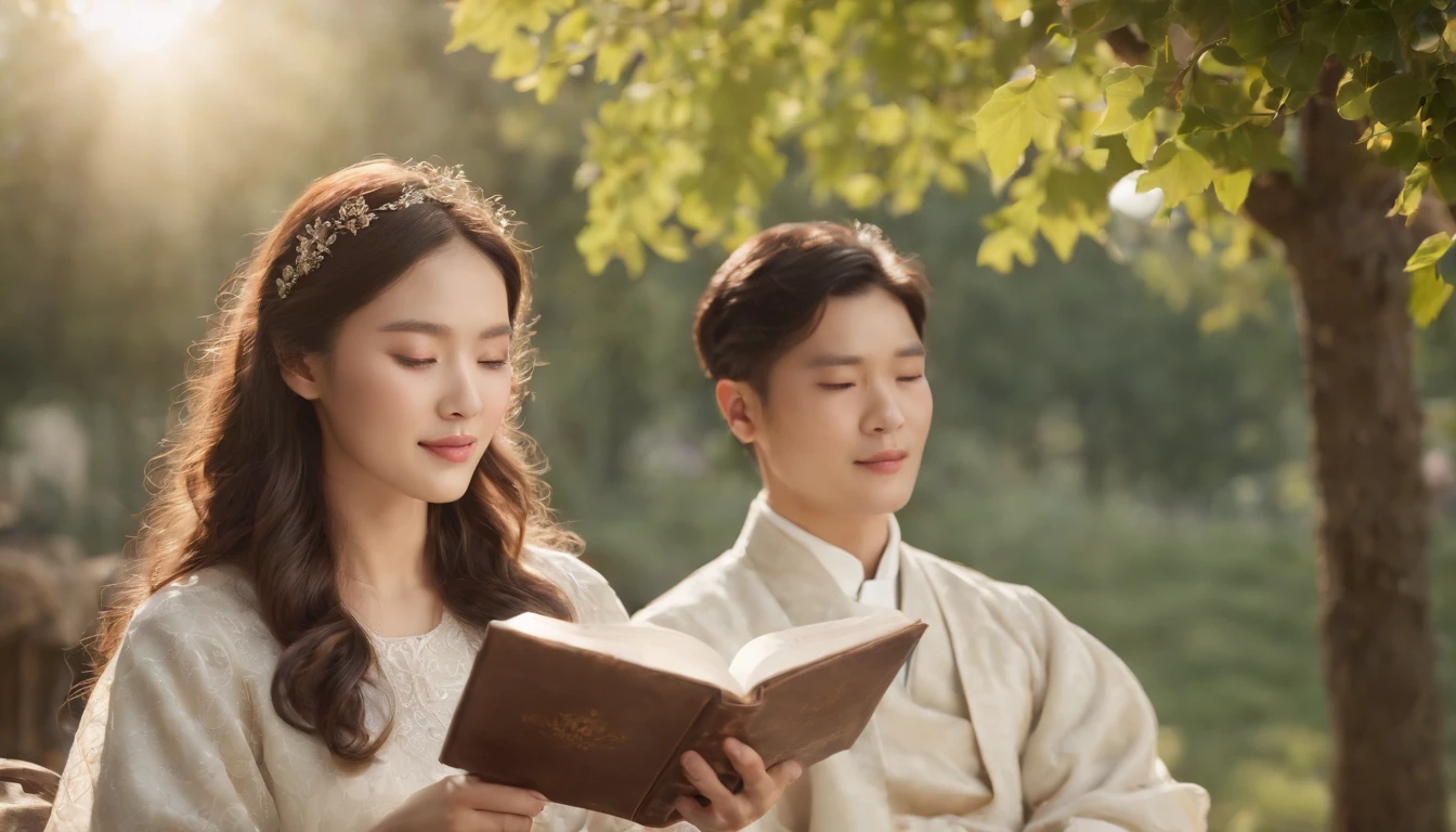 (Best Quality,Ultra-detailed,realisitic:1.37),portrait of a,Korean men and women reading the Bible,Oil Painting,Cathedral attire, View of the cathedral in the distance,Peaceful garden scene,Soft sunlight,tranquil expression,wisdom,Bible Quotes,vibrant colours,delicate brushwork,subtle textures,lush greenery,Contemplative atmosphere,Beautiful picture book,Highlighted features:Eyes in focus,gentle smiling,Graceful posture,Sunlight shining through the trees,rays,Quiet surroundings,serene ambiance,A Blessed Moment