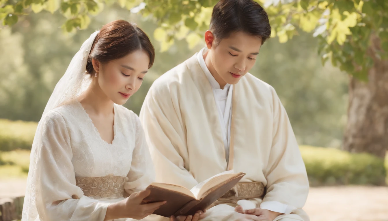 (Best Quality,Ultra-detailed,realisitic:1.37),portrait of a,Korean men and women reading the Bible,Oil Painting,Cathedral attire, View of the cathedral in the distance,Peaceful garden scene,Soft sunlight,tranquil expression,wisdom,Bible Quotes,vibrant colours,delicate brushwork,subtle textures,lush greenery,Contemplative atmosphere,Beautiful picture book,Highlighted features:Eyes in focus,gentle smiling,Graceful posture,Sunlight shining through the trees,rays,Quiet surroundings,serene ambiance,A Blessed Moment