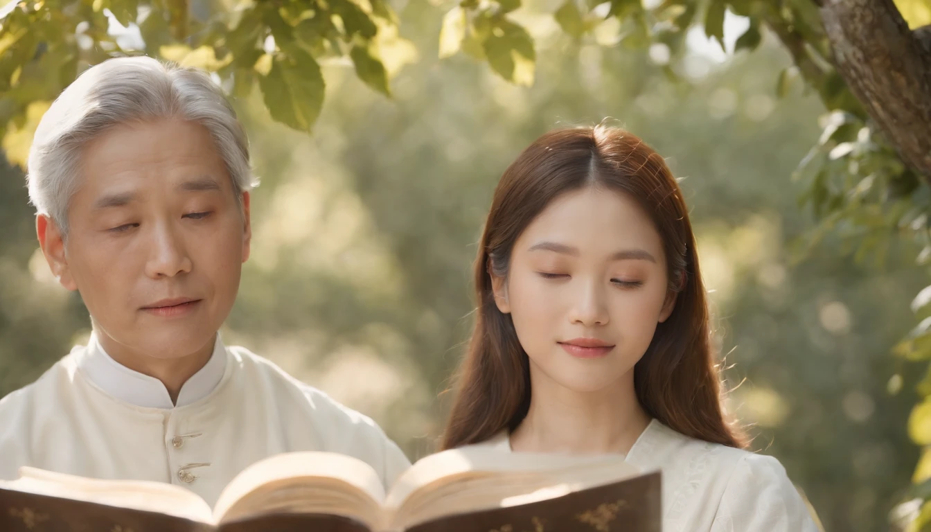 (Best Quality,Ultra-detailed,realisitic:1.37),portrait of a,Korean men and women reading the Bible,Oil Painting,Cathedral attire, View of the cathedral in the distance,Peaceful garden scene,Soft sunlight,tranquil expression,wisdom,Bible Quotes,vibrant colours,delicate brushwork,subtle textures,lush greenery,Contemplative atmosphere,Beautiful picture book,Highlighted features:Eyes in focus,gentle smiling,Graceful posture,Sunlight shining through the trees,rays,Quiet surroundings,serene ambiance,A Blessed Moment