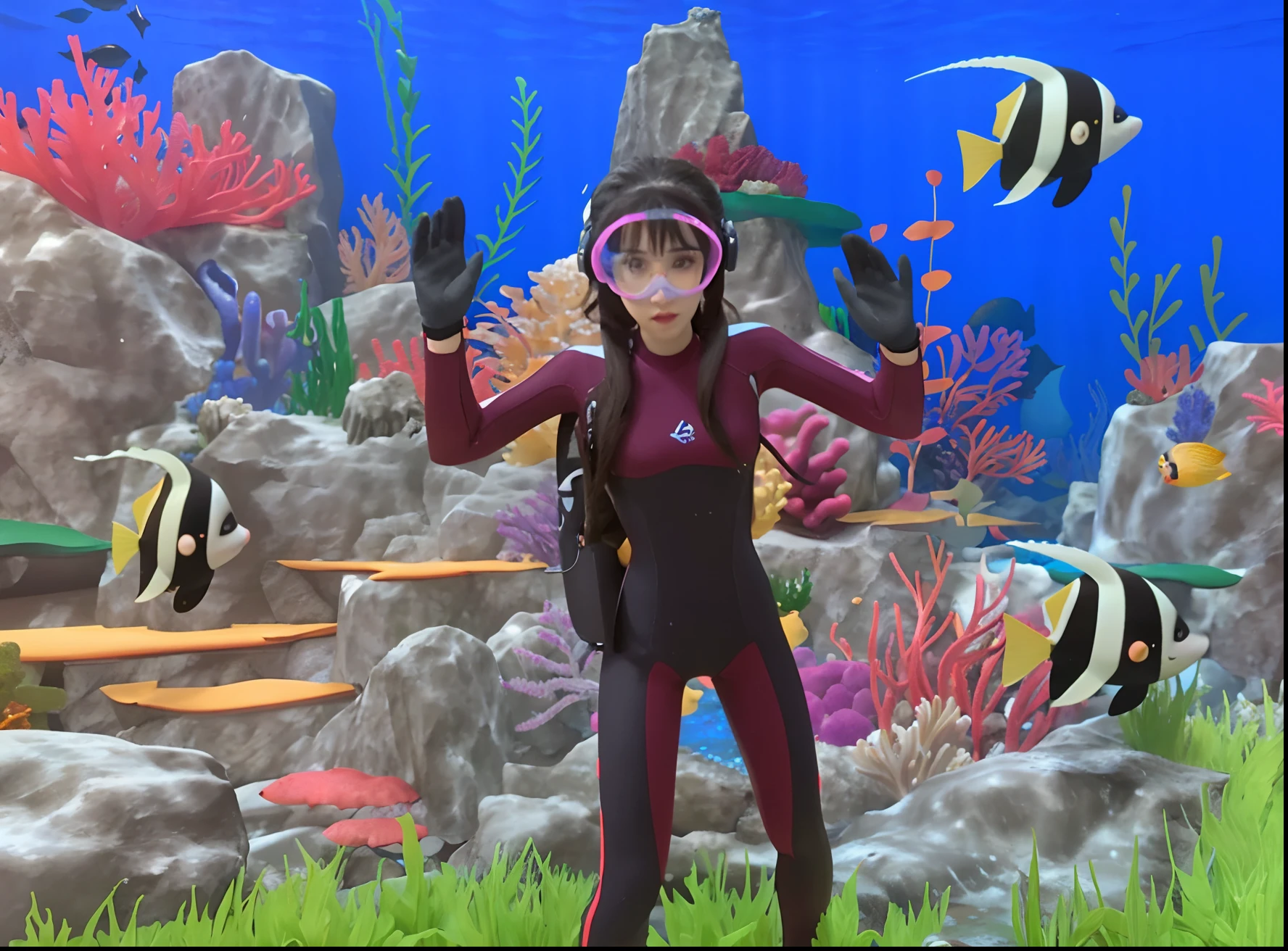 There is a woman in a wetsuit and glasses in a sea, Standing under the sea, para deduzir, bubbly underwater scenery, subnautica, VRCabord, A diver is under the sea, A diver is under the sea, Captura de tela do jogo Life Simulator, Fato de mergulho, 🐋 as 🐘 as 🤖 as 👽 as 🐳, deep sea diver