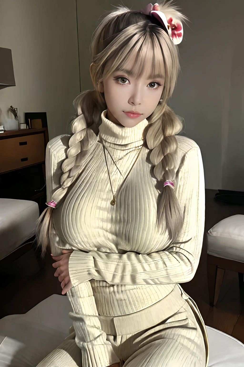 huge breast. excellent breast, masterpiece,ultra realistic,32k,extremely detailed CG unity 8k wallpaper, best quality, masterpiece,ultra realistic,32k,extremely detailed CG unity 8k wallpaper, best quality,(winter day ),lady ,necklace ,eardrop, Grand Canyon, United States, ( Orchid Pair a fitted turtleneck sweater with wide-leg pants and loafers. ) , Ash blonde hair pigtails ,