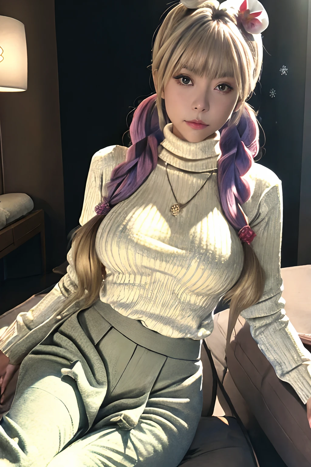 huge breast. excellent breast, masterpiece,ultra realistic,32k,extremely detailed CG unity 8k wallpaper, best quality, masterpiece,ultra realistic,32k,extremely detailed CG unity 8k wallpaper, best quality,(winter day ),lady ,necklace ,eardrop, Grand Canyon, United States, ( Orchid Pair a fitted turtleneck sweater with wide-leg pants and loafers. ) , Ash blonde hair pigtails ,