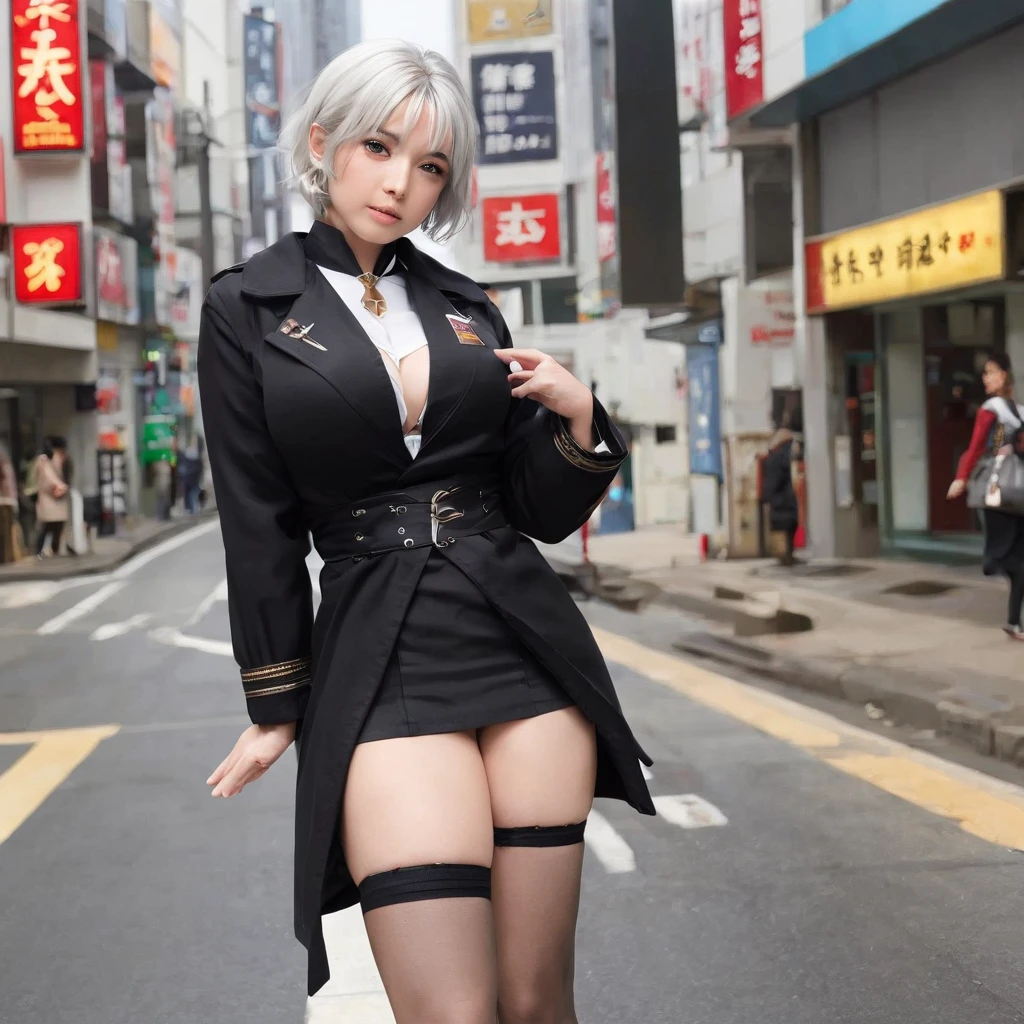Japan Female, ears、((((Little fat woman))))、short-haired、white hair、hitornfreckles、Kamimei、((((tiny chest))))、A sexppearance、drooing eyes、((((Japan Imperial Uniform))))、(((Bondagon under a long black coat)))、Best Quality, full-face blush, , frontage、Behind,. pile-driver. (thighs thighs thighs thighs),(((sticking her butt out: 1.2 Troubled face, Viewer Viewing, Wet buttocks,, (((Wets))), big butts、((ction in Shibuya)(((Stand up and turn your ass to taunt)))、(((Show)))、Show your、dle、Black lace underwear、bontage、nffsw