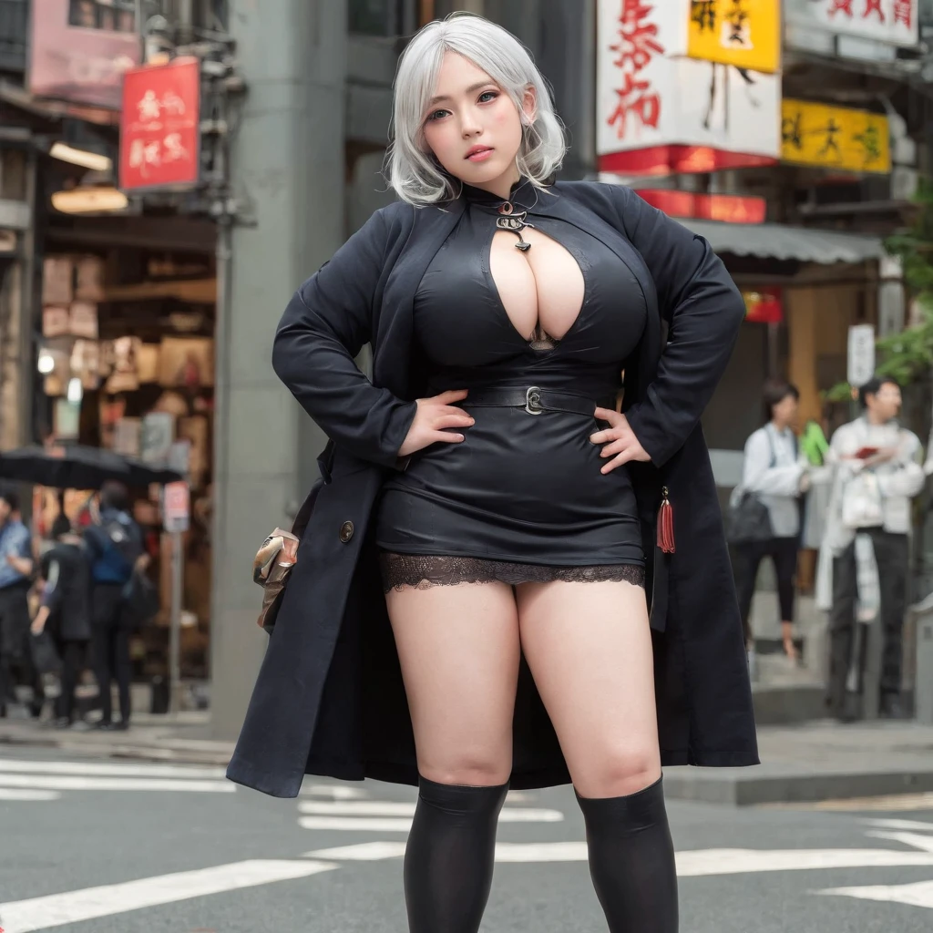 Japan Female, 13years、((((Little fat woman))))、short-haired、white hair、hitornfreckles、Kamimei、((((tiny chest))))、A sexy、appearance、drooing eyes、((((Japan Imperial Uniform))))、(((Bondage fashion under a long black coat)))、Best Quality, full-face blush, , frontage、Behind,. pile-driver. (thighs thighs thighs thighs),(((sticking her butt out: 1.2))), Troubled face, Viewer Viewing, Wet buttocks,, (((Wet genitals))), big butts、(((Intersection in Shibuya)))、((((Stand up and turn your ass to taunt)))、(((Show)))、Show your、girdle、Black lace underwear、bontage、nffsw