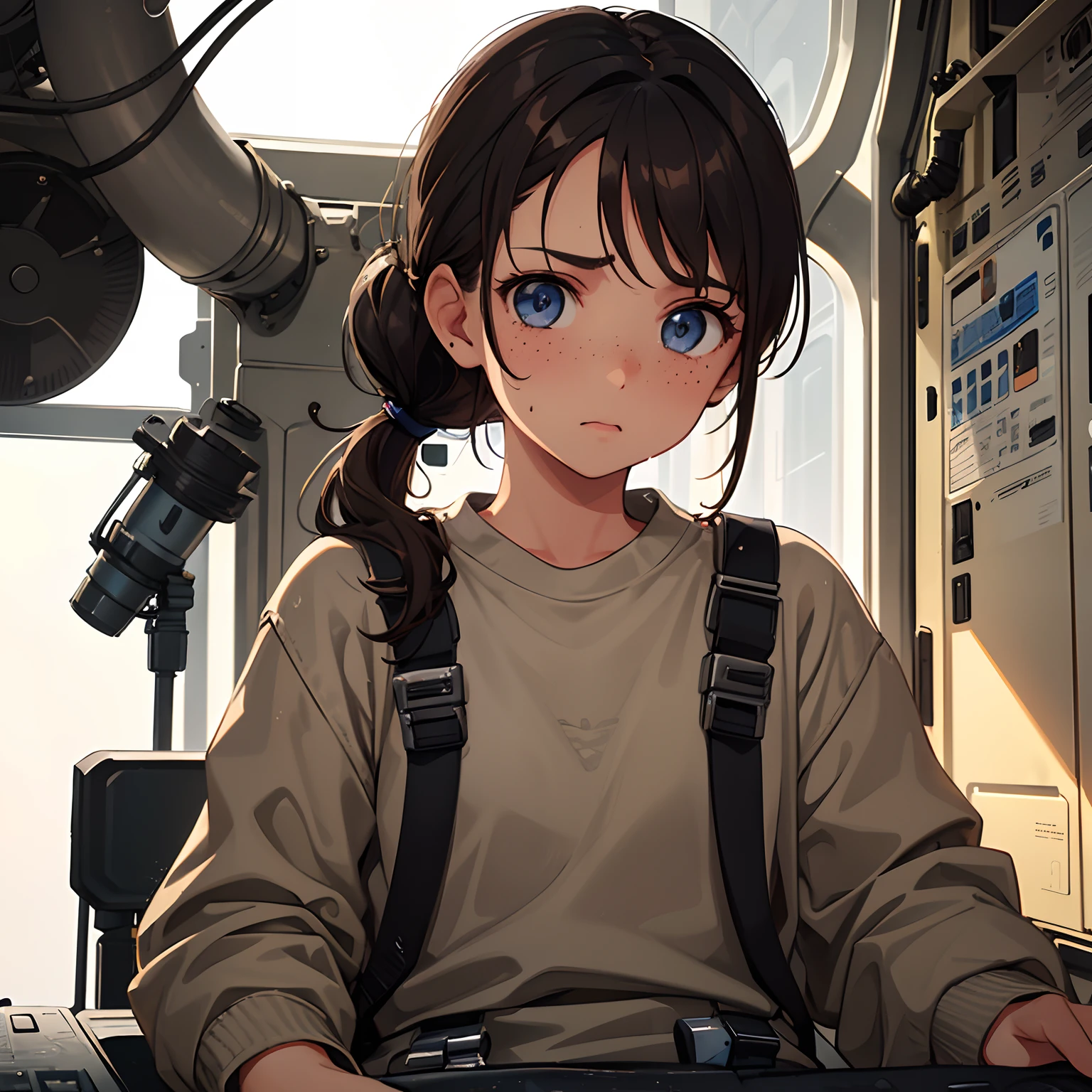 One little girl with wavy dark brown hair in ponytail, tan skin, freckles, blue eyes, full-body image, neutral expression, wearing coveralls, solo, single female, factory background, dirty, grease smudge, sweating, fixing machine, sci-fi, sitting in cockpit, pretending, holding controls, playing, looking away, indirect gaze