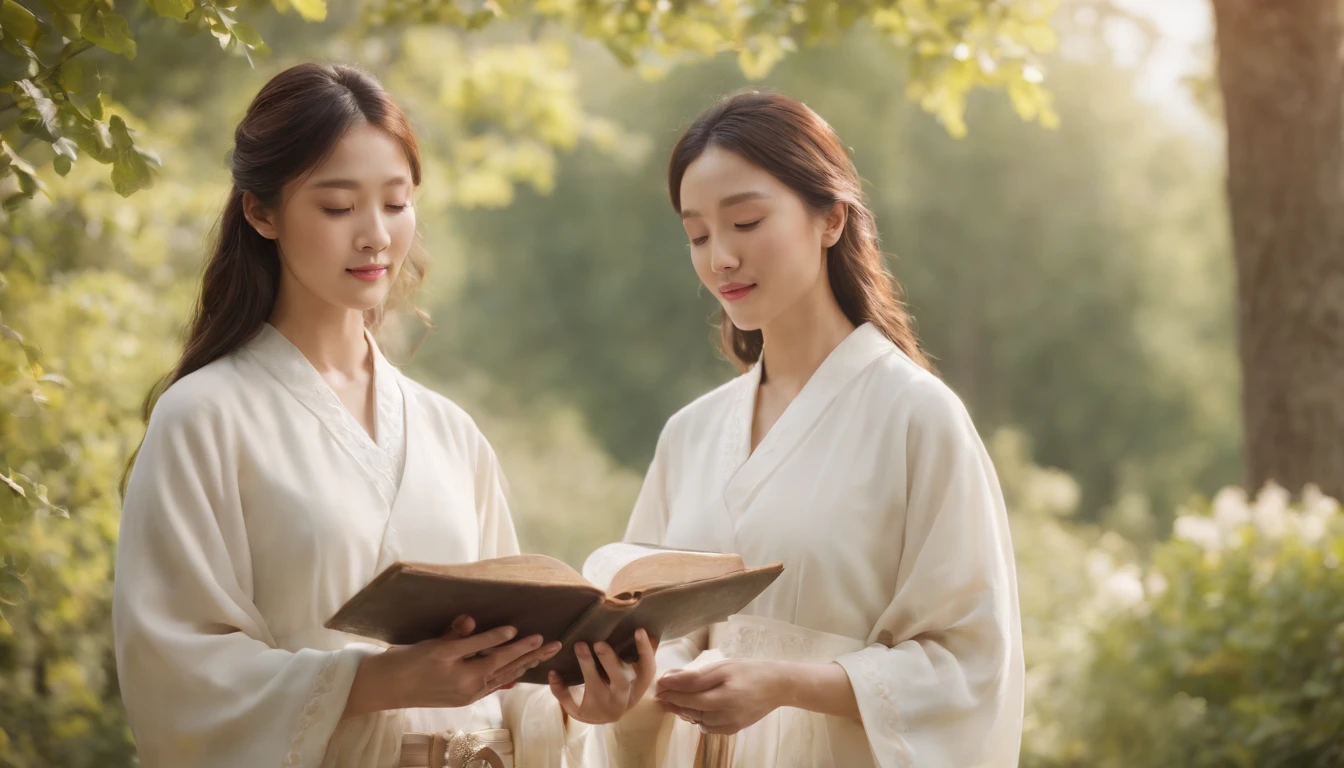 (Best Quality,Ultra-detailed,realisitic:1.37),portrait of a,Korean men and women reading the Bible,Oil Painting,Cathedral attire, View of the cathedral in the distance,Peaceful garden scene,Soft sunlight,tranquil expression,wisdom,Bible Quotes,vibrant colours,delicate brushwork,subtle textures,lush greenery,Contemplative atmosphere,Beautiful picture book,Highlighted features:Eyes in focus,gentle smiling,Graceful posture,Sunlight shining through the trees,rays,Quiet surroundings,serene ambiance,A Blessed Moment