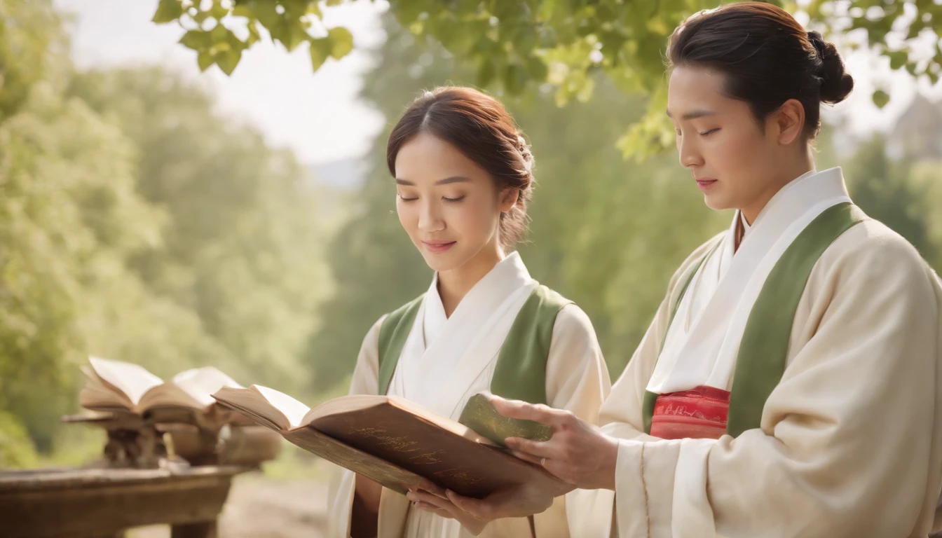 (Best Quality,Ultra-detailed,realisitic:1.37),portrait of a,Korean men and women reading the Bible,Oil Painting,Cathedral attire, View of the cathedral in the distance,Peaceful garden scene,Soft sunlight,tranquil expression,wisdom,Bible Quotes,vibrant colours,delicate brushwork,subtle textures,lush greenery,Contemplative atmosphere,Beautiful picture book,Highlighted features:Eyes in focus,gentle smiling,Graceful posture,Sunlight shining through the trees,rays,Quiet surroundings,serene ambiance,A Blessed Moment