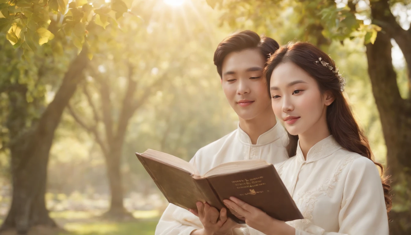 (Best Quality,Ultra-detailed,realisitic:1.37),portrait of a,Korean men and women reading the Bible,Oil Painting,Cathedral attire, View of the cathedral in the distance,Peaceful garden scene,Soft sunlight,tranquil expression,wisdom,Bible Quotes,vibrant colours,delicate brushwork,subtle textures,lush greenery,Contemplative atmosphere,Beautiful picture book,Highlighted features:Eyes in focus,gentle smiling,Graceful posture,Sunlight shining through the trees,rays,Quiet surroundings,serene ambiance,A Blessed Moment