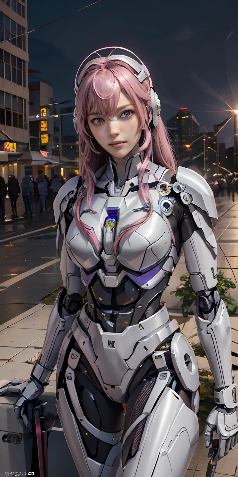 Photorealistic, High resolution, Soft light,1womanl, Solo, hips up high, (Detailed face), Pink hair, Long hair, mecha musume, Mechanical parts, Robot joints, Single mechanical arm, Headgear, Mechanical halo, Star Halo, Electromechanical bodysuit, mecha corset, Kimono, full armor, City at night