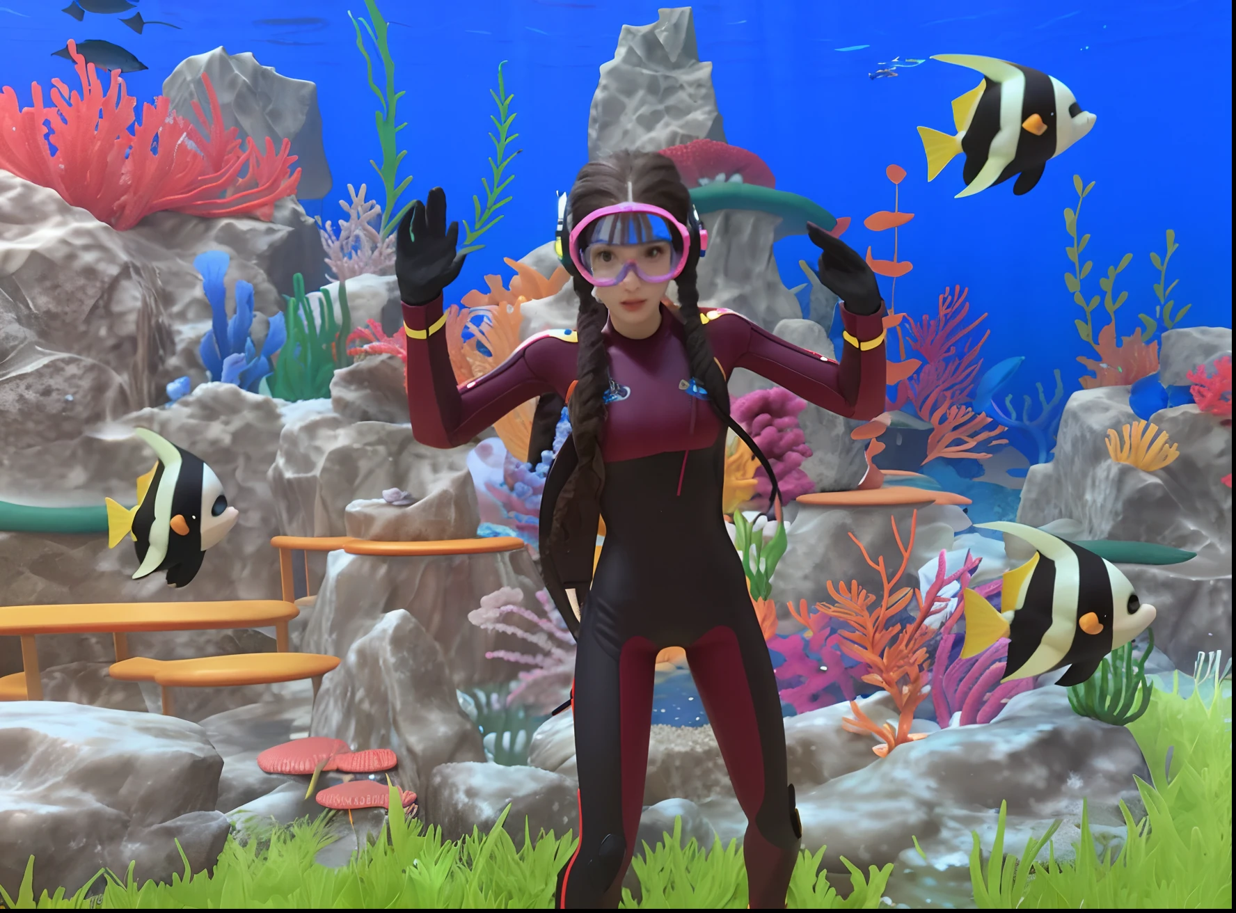 There's a woman in a wetsuit and glasses in a sea, Standing under the sea, para deduzir, bubbly underwater scenery, subnautica, VRCabord, A diver is under the sea, A diver is under the sea, Captura de tela do jogo Life Simulator, Fato de mergulho, 🐋 as 🐘 as 🤖 as 👽 as 🐳, deep sea diver