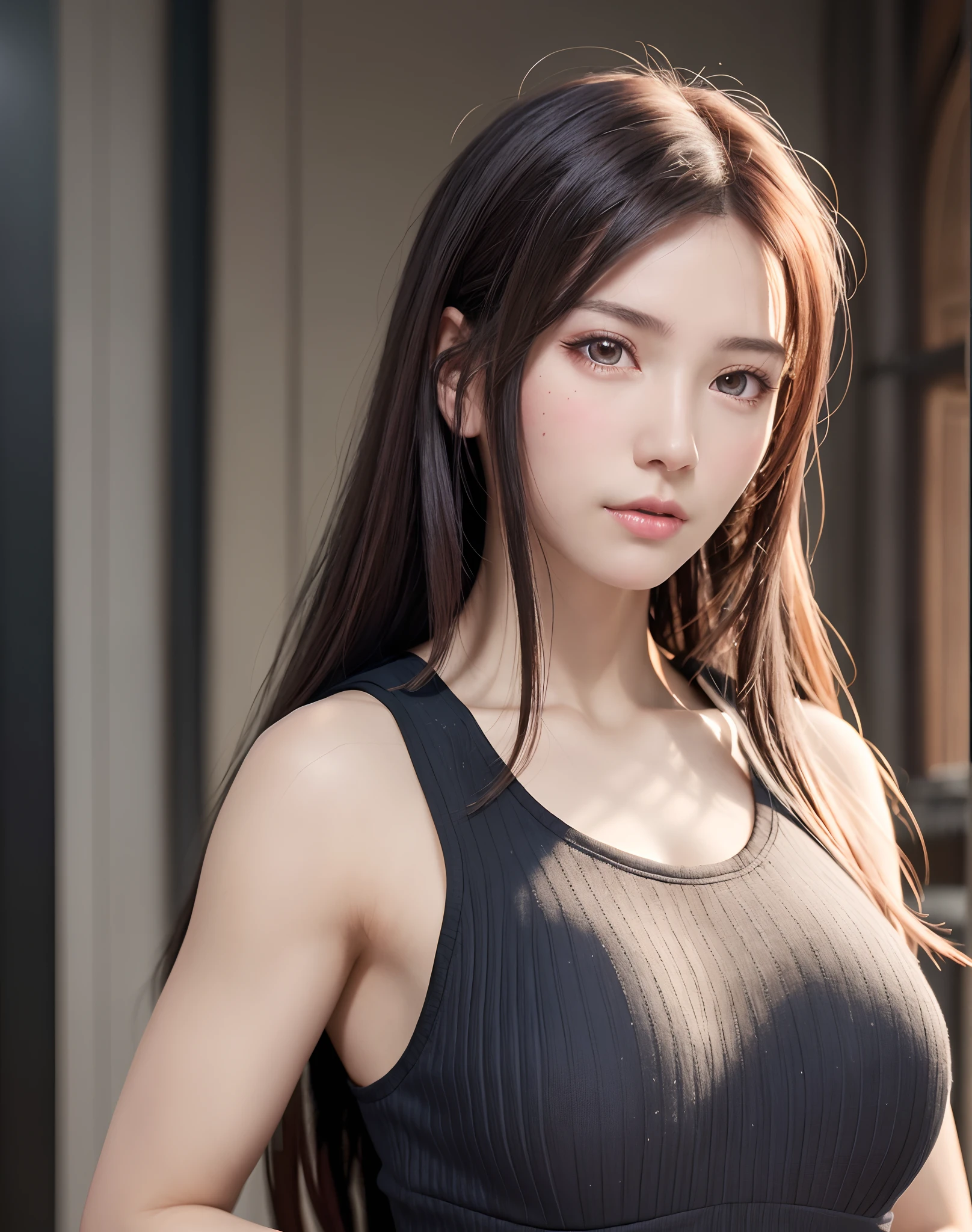 (in 8K, top-quality, masterpiece:1.2), (realisitic, Photorealsitic:1.37), ultra-detailliert, Natural sunlight, mideum breasts, I can see the cleavage, 1 persons, 25 year old woman, Dark hair, Pendants, Torn shorts, Light Knit V-Neck Shirt, At the time of performance, extremely detailed face and skin, A detailed eye, extremely detailed face and skin