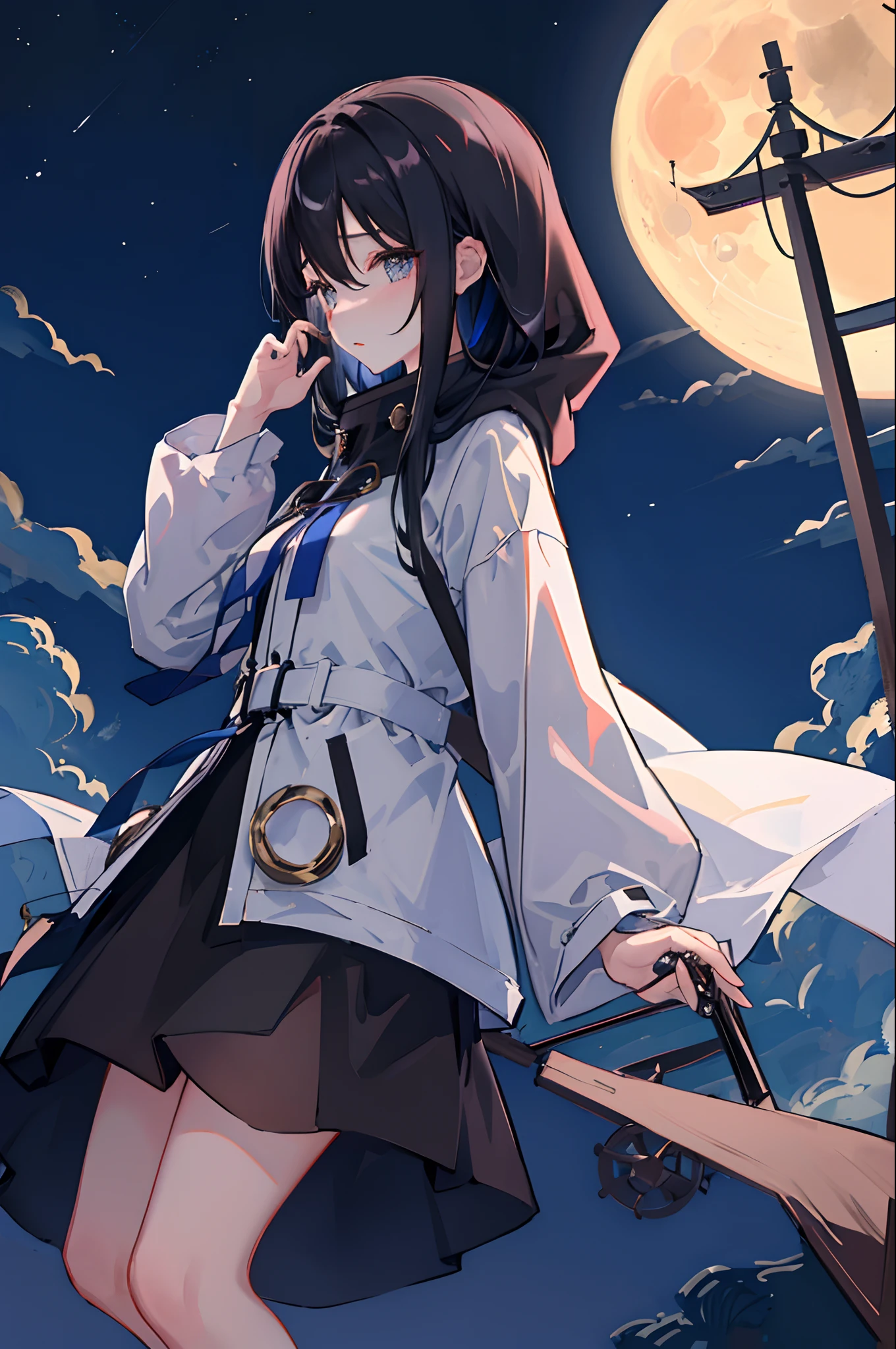 (masuter piece、side lights、ultra-detailliert、inely detailed beautiful eyes: 1.2)、1girl in、bags、buliding、From Side、headphones、hoods、Hood down、hooded jacket、parka、jaket、long、Black hair、profile、A dark-haired、独奏、Train、inside of a car、The upper part of the body、masterpiece、top-quality、natta、nighttime scene、Moon Night