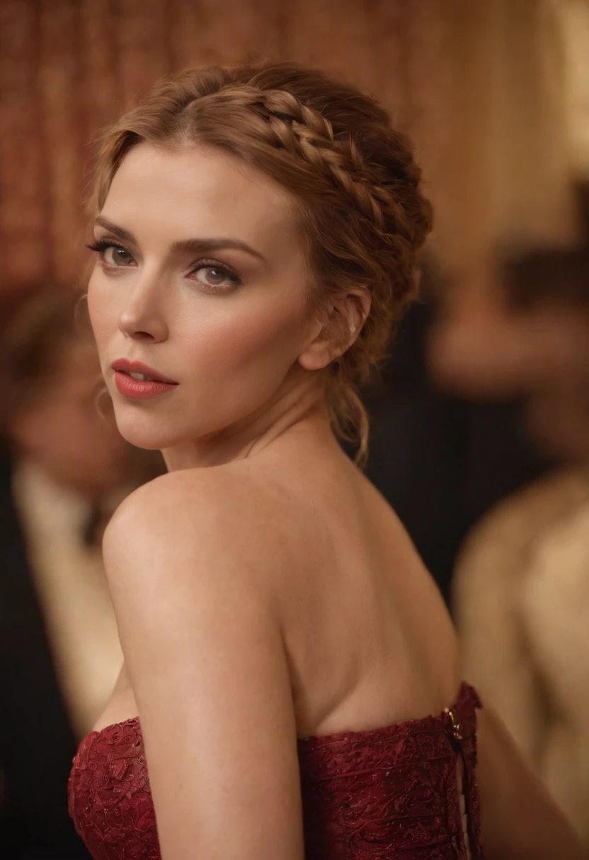 Scarlett Johansson en mode islamique moderne, hair a mess, chaud, (moite), Au lit, (Coussins en soie), bracelets en cuir rouge, Me Rivendell, Plein avant, Revealing breasts, sexy,  Montrant,  vissível