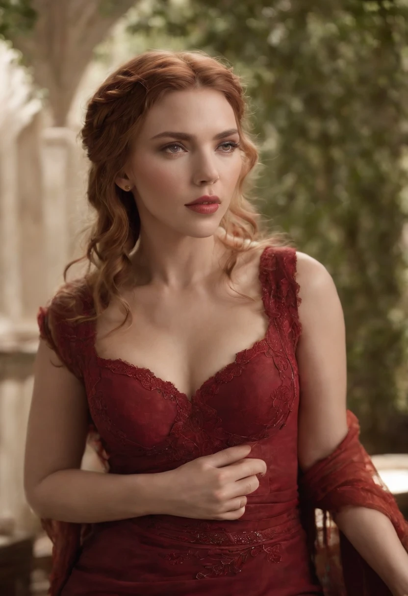 Scarlett Johansson en mode islamique moderne, hair a mess, chaud, (moite), Au lit, (Coussins en soie), bracelets en cuir rouge, Me Rivendell, Plein avant, Revealing breasts, sexy,  Montrant,  vissível