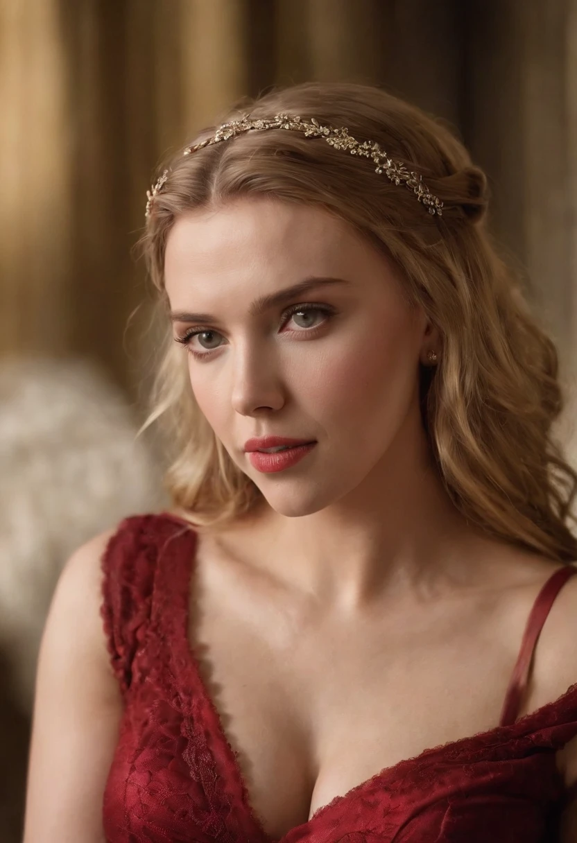 Scarlett Johansson en mode islamique moderne, hair a mess, chaud, (moite), Au lit, (Coussins en soie), bracelets en cuir rouge, Me Rivendell, Plein avant, Revealing breasts, sexy,  Montrant,  vissível