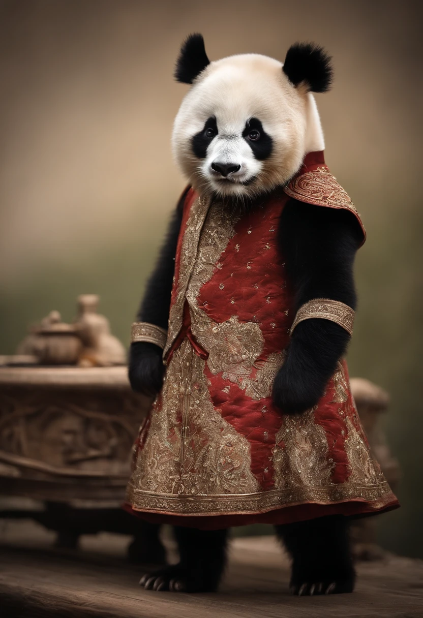 anthropomorphic panda, vestido formalmente como un mayordomo, sostiene una bandeja, pegatina de panda, sticker de panda.