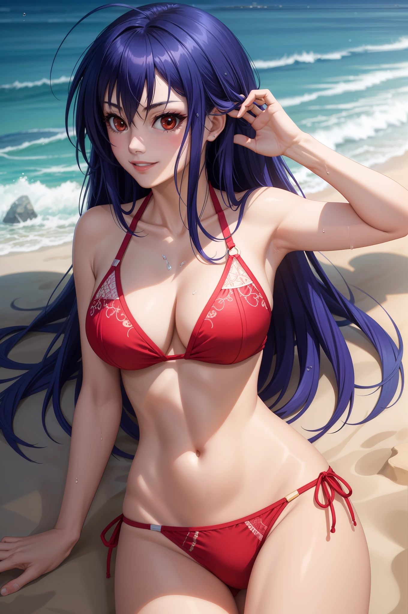 glossy skin:1.4, beach, lying, shadow, smile:1.2, armband, long hair, bikini, bikini, wet, kurokami medaka, red eyes:1.2, blue hair, long hair, ahoge, large breasts:1.2, cowboy shot, perfect eyes:1.2, detailed eyes:1.6, Ultra-realistic 8K CG, masterpiece, ((ultra-detailed background, delicate pattern, intricate details)), best quality, intricate details, 1girl, solo, (masterpiece:1.6, best quality)