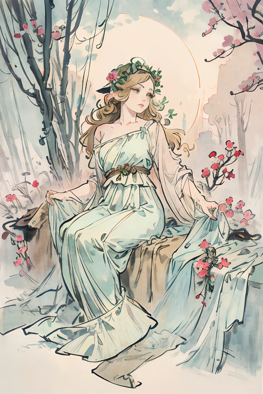 SFW,masutepiece, Best Quality, High resolution, 1girl in, Full body, Details Girl, detail hands, Detail fingers, Detail Face, detail legs, 1girl in, elf, teenage,Looking down, Flower Garden, Black sky, smog, watercolor paiting, pale skin, Petite, Blonde hair, Long hair, Wavy Hair, saddened, mournful smile, Green eyes, tareme, medium breasts, white sundress, Bare back, Planting trees