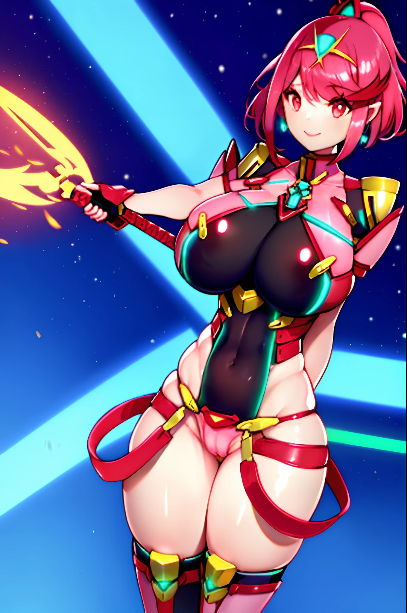 pyra \(xenoblade\), _1girl, lolings, black gloves, breasts, red eyes, shout, earrings, eyelashes, fingerless gloves, floating hair, , gem, gloves, hair ornament, headpiece, jewelry, gigantic_breasts, leaning back, swimsuit, neon trim, official art, pose, red hair, saitou masatsugu, short hair, sidelocks, skin tight, solo, swept bangs, thighhighs, tiara, fantasy_town_background, underbust, xenoblade chronicles \(series\), (xenoblade chronicles 2), (spread_legs:1.1), fire_effect,dynamic_pose,fighting,light_smile, (plump:1.1), big_ass,huge_sword, hold_large_sword_hilt, covered_nipples, covered_pussy, fists,ponytail,beautiful_fingers,(solo:1.1), bare_shoulder,(shoulder_naked:1.2), nipple_jewel,back, back_view, focus_ass,ass, very_short_shorts