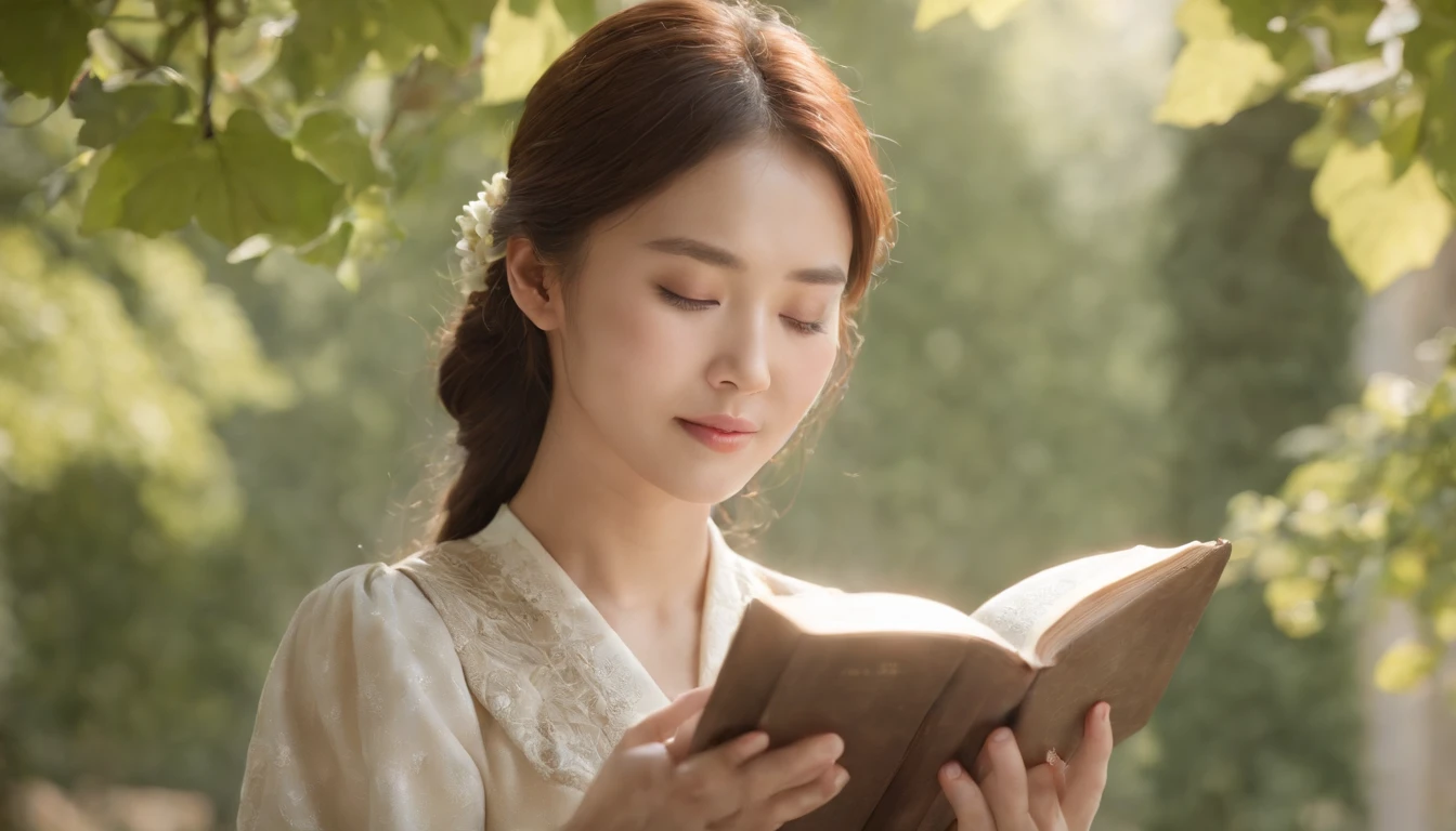 (Best Quality,Ultra-detailed,realisitic:1.37),portrait of a,Korean men and women reading the Bible,Oil Painting,Cathedral attire, View of the cathedral in the distance,Peaceful garden scene,Soft sunlight,tranquil expression,wisdom,Bible Quotes,vibrant colours,delicate brushwork,subtle textures,lush greenery,Contemplative atmosphere,Beautiful picture book,Highlighted features:Eyes in focus,gentle smiling,Graceful posture,Sunlight shining through the trees,rays,Quiet surroundings,serene ambiance,A Blessed Moment