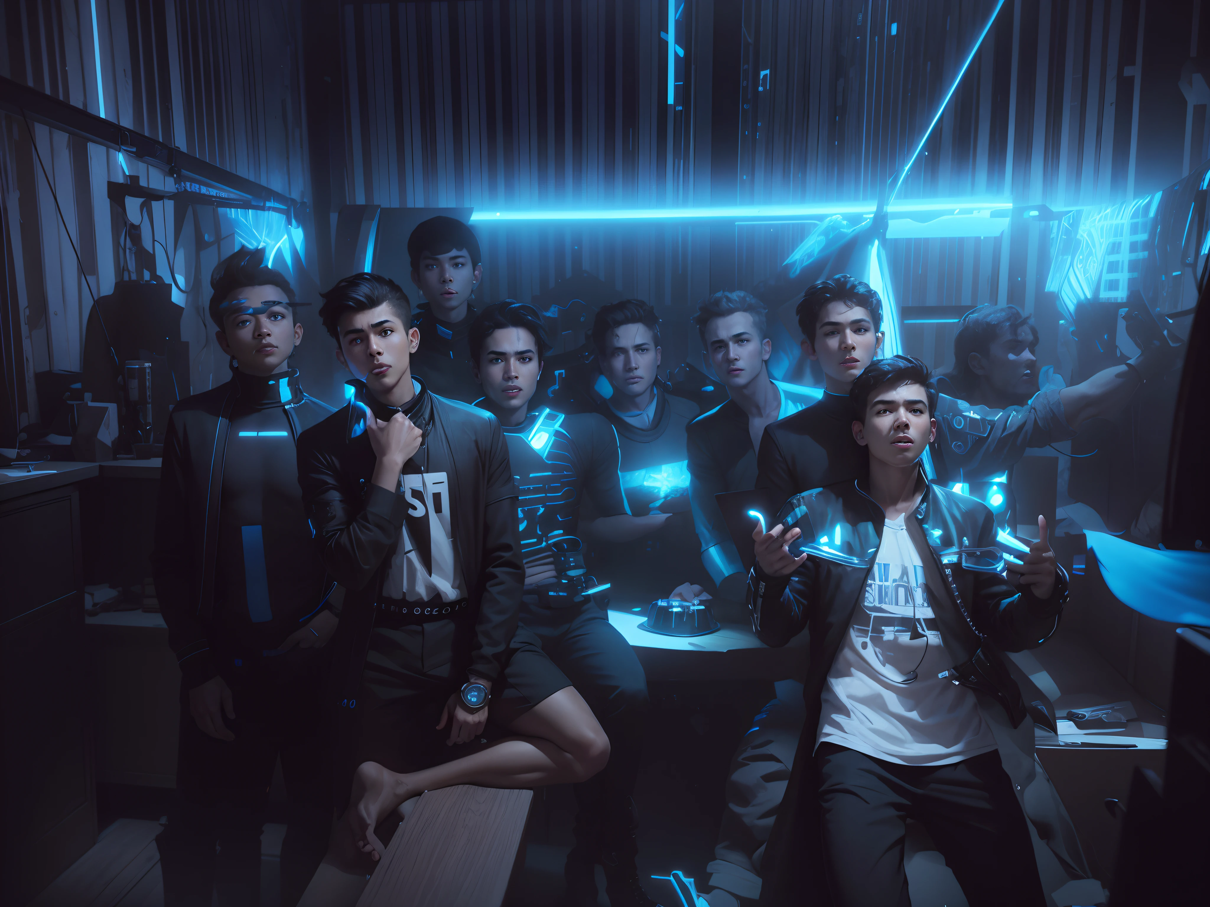 Boy with group futuristic background realisric face 8k ultra high quality hd