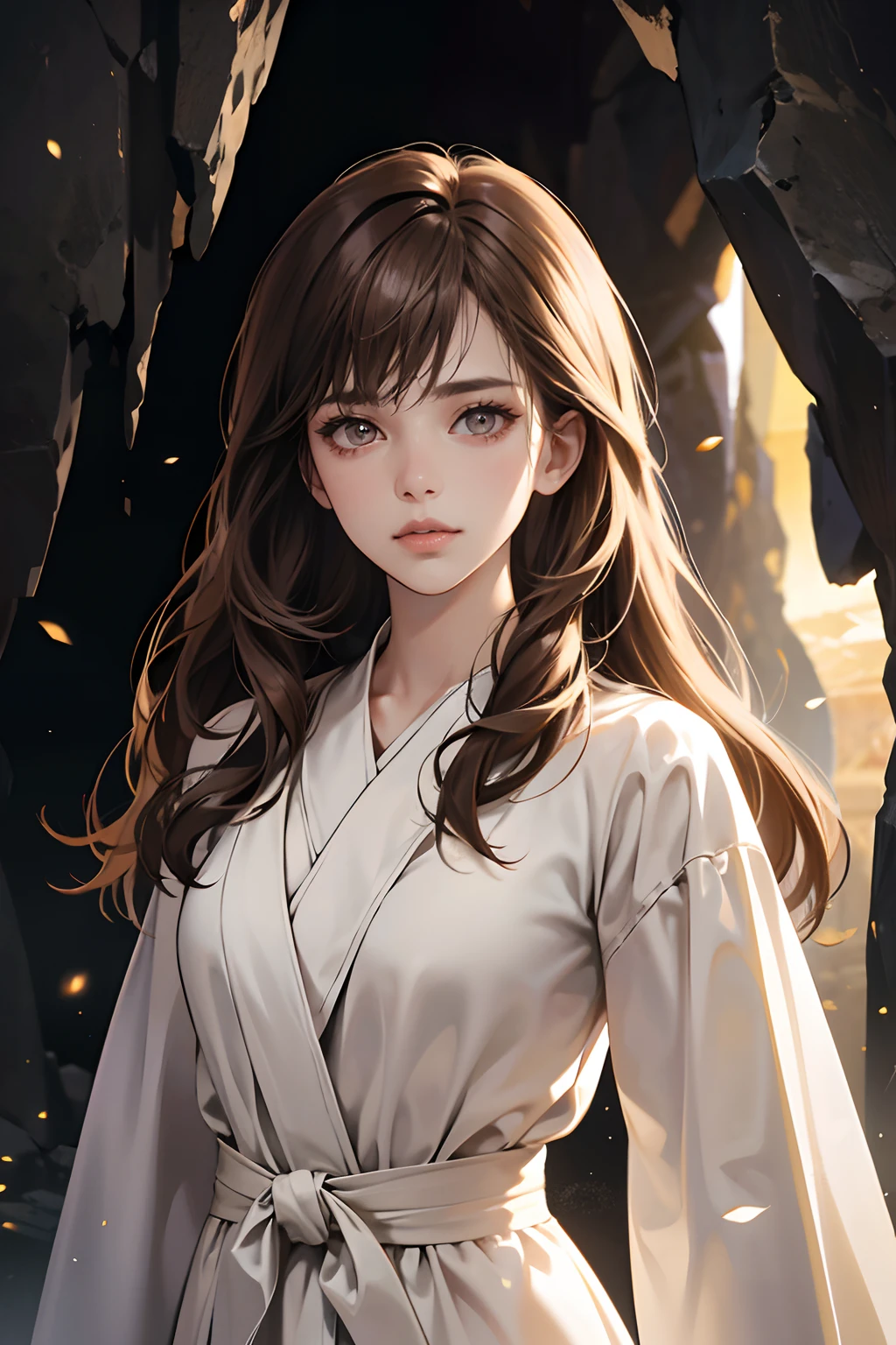 (tmasterpiece,high resolution,ultra - detailed:1.0),1 girl,adult female, eyes looking to camera,Perfect female body, Delicate eyes and delicate face,Extremely detailed CG,Unity 8k wallpaper,Complicated details, solo person, Detailed face, (long brown hair,white robe,in the cave),dark night,color difference, Depth of field,dramatic shadow, Ray tracing, Best quality, Cinematic lighting, offcial art,