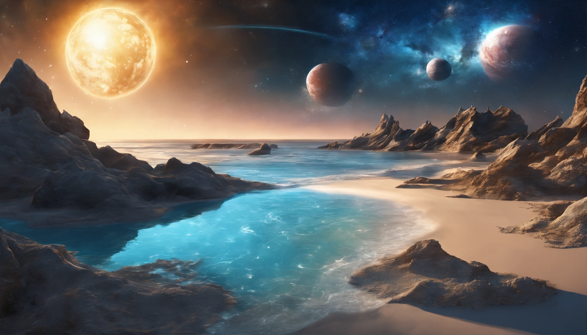 huge planet, the night, starrysky, surrealism, masutepiece, hight resolution、Impressive Milky Way:1.9、sand beach、Vast blue ocean、Blue Waves、Blue glacier、lightning bolt:1.9、Protoplanets、pure beauty
