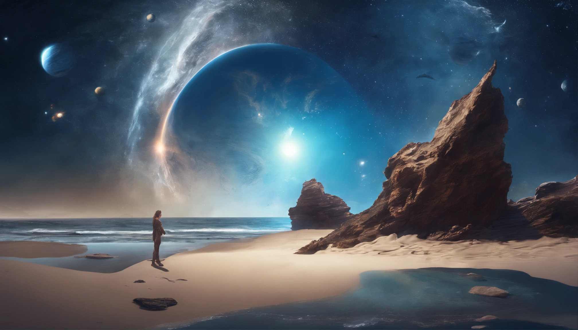huge planet, the night, starrysky, surrealism, masutepiece, hight resolution、Impressive Milky Way:1.9、sand beach、Vast blue ocean、Blue Waves、Blue glacier、lightning bolt:1.9、Protoplanets、pure beauty