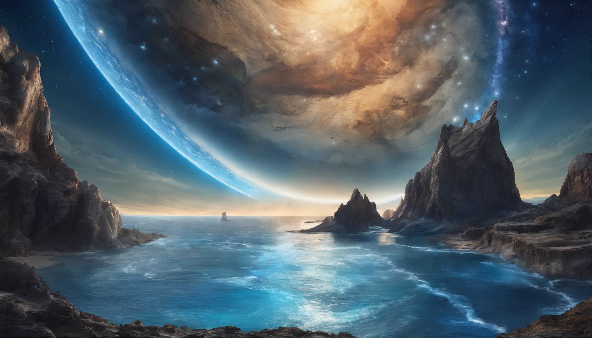 huge planet, the night, starrysky, surrealism, masutepiece, hight resolution、Impressive Milky Way:1.9、sand beach、Vast blue ocean、Blue Waves、Blue glacier、lightning bolt:1.9、Protoplanets、pure beauty