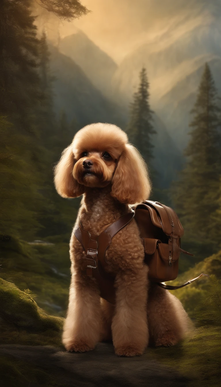 Classic negative portrait photo,Fantasy video game character concept art,A cute brown furry poodle,Carrying a small brown leather backpack,Watch the map and hike through the forest,dungeons and dragons,fantasy,rios,haze,Halo,blooms,Dramatic atmosphere,Dark fantasy films of the 1970s,at centre,the rule of thirds