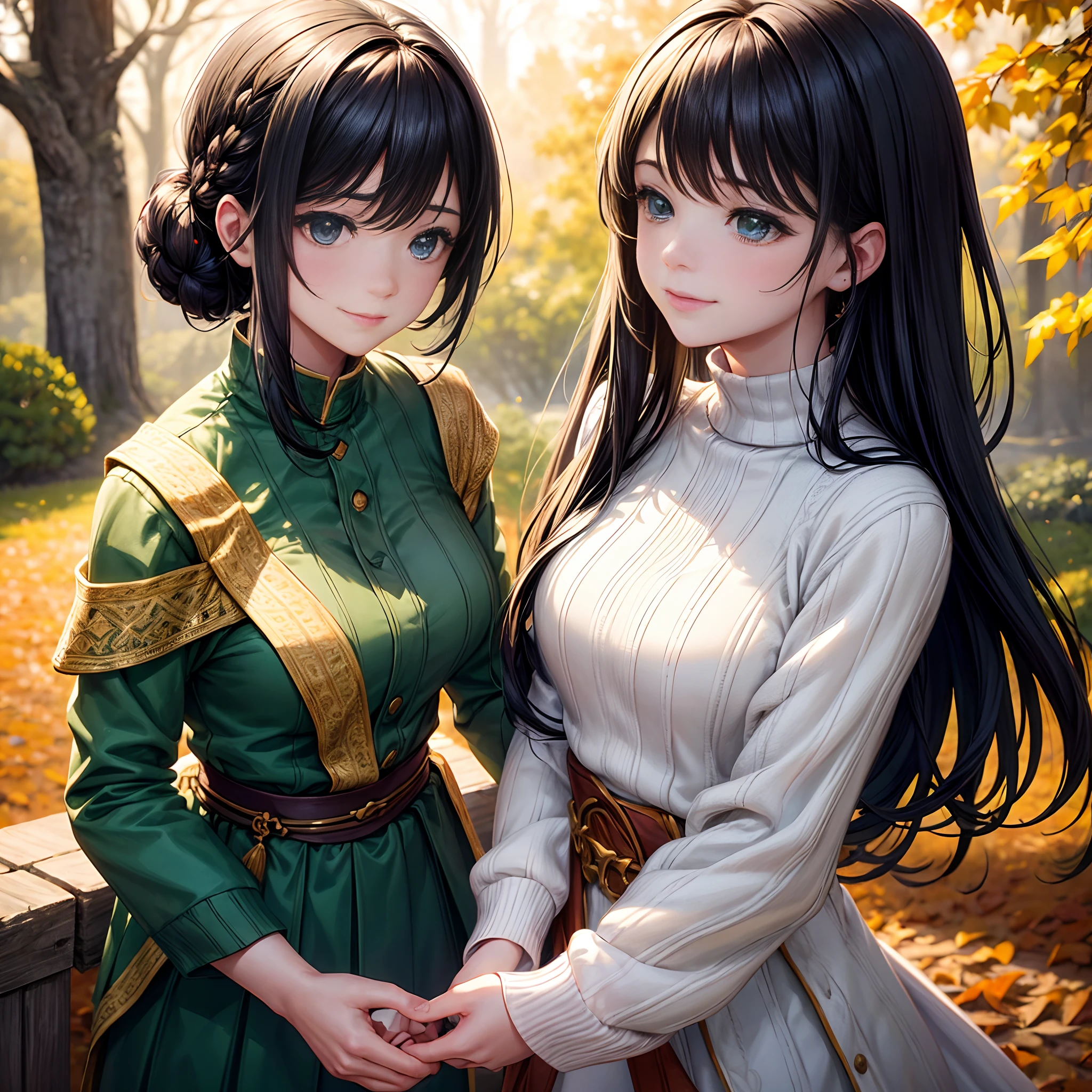 convey emotions Portrait, very beautiful green casual dress, Detailed beautiful white knit, brown, autumn leaves, blur the background, fantasy fantasy, depiction of details, conveying emotions Portrait, Light and shadow, Highest quality, high dynamic range, very lively photograph, v-ray rendering, octane rendering, very beautiful cinematic lighting, Catchlight Eyes: 1.2very beautiful detailed eyes, very beautiful fine black hair, beautiful backlight, shy smile,