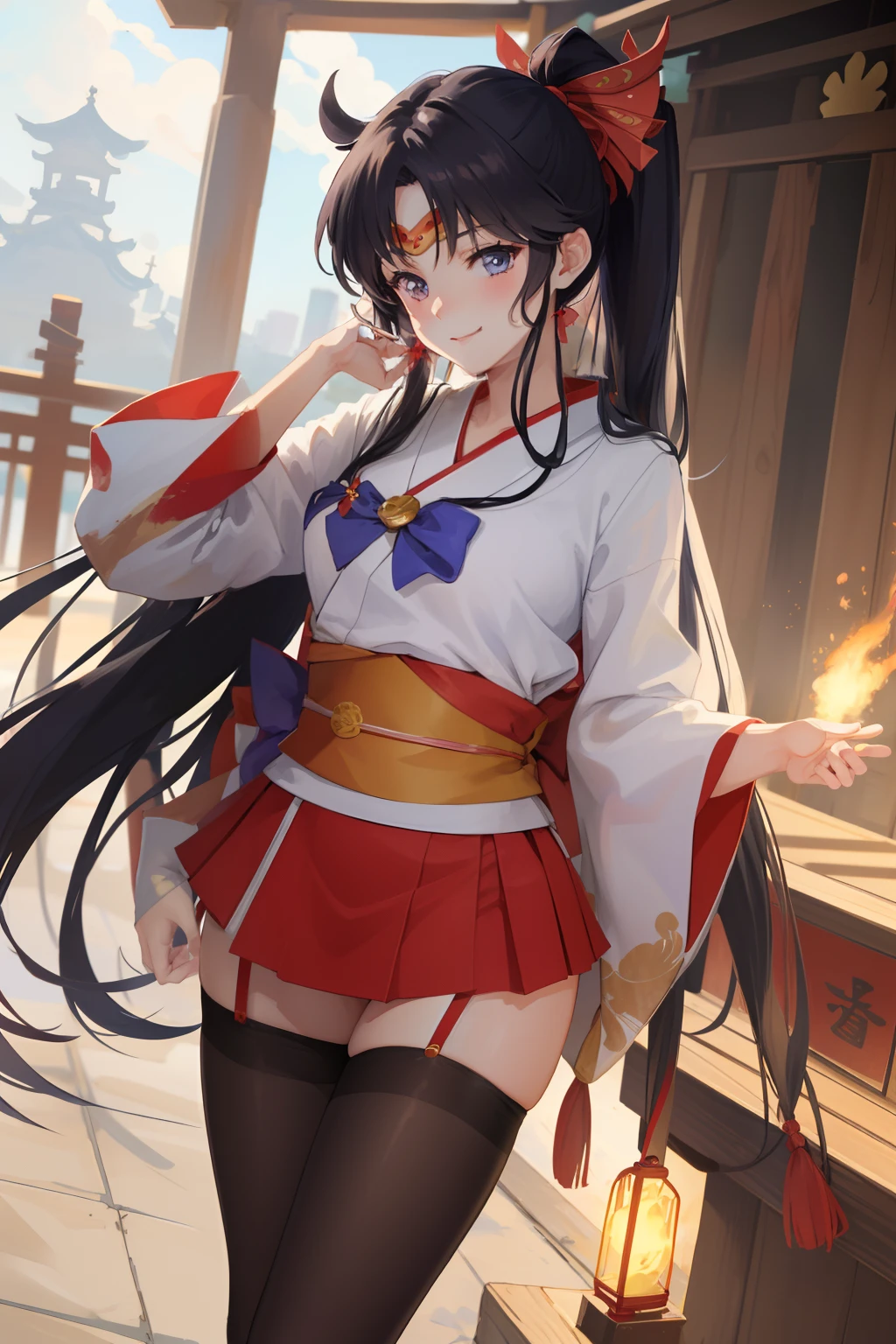 ​masterpiece, top-quality, absurderes, perfect anatomia, 1girl in, 独奏, Sailor Mars, Very long hair, partedbangs, poneyTail、((shrine maiden clothe))、((Kimono))、((a miniskirt)) cowboy  shot, A smile、((pantyhose))、(high-heels)、(Golden cage)