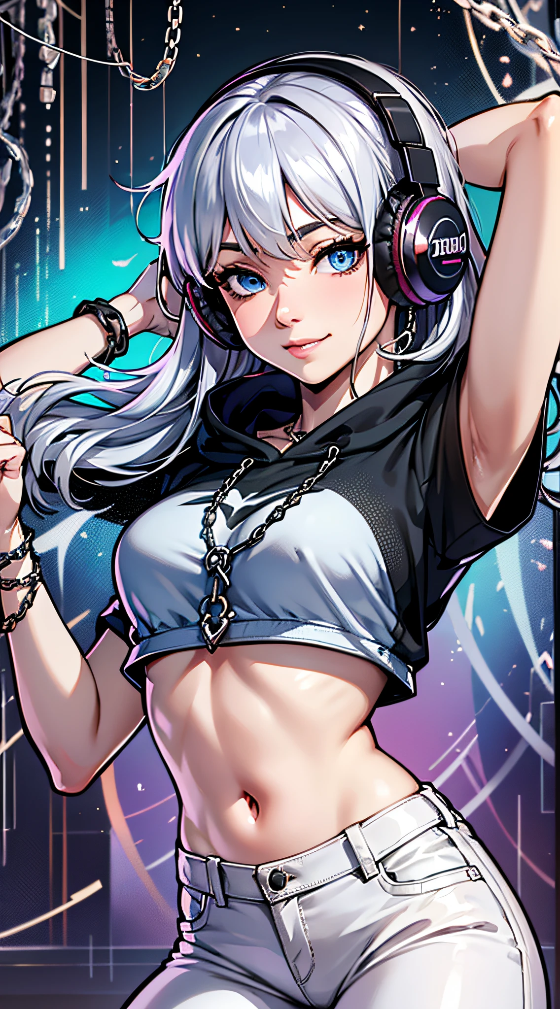top-quality、Top image quality、masterpiece、girl with((18year old、Black navel exposes short sleeve hoodie、White pants、Best Bust、Bust 85、silber hair、Disturbed shortcuts、Blue eyes、open chest wide、Happiness、Chain Accessories、Put on headphones、dance))hiquality、visualart、Background with((Virtual Live))、masutepiece
