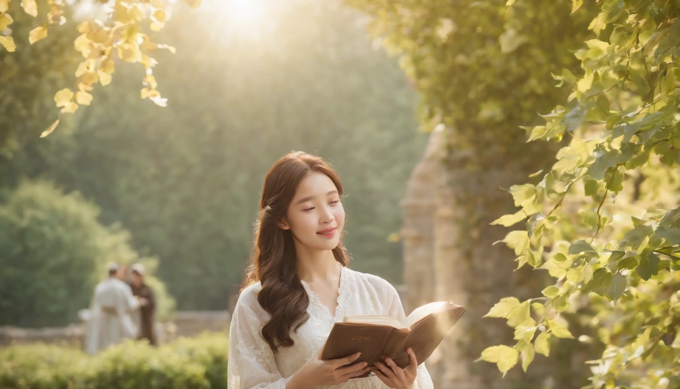 (Best Quality,Ultra-detailed,realisitic:1.37),portrait of a,Korean men and women reading the Bible,Oil Painting,Cathedral attire, View of the cathedral in the distance,Peaceful garden scene,Soft sunlight,tranquil expression,wisdom,Bible Quotes,vibrant colours,delicate brushwork,subtle textures,lush greenery,Contemplative atmosphere,Beautiful picture book,Highlighted features:Eyes in focus,gentle smiling,Graceful posture,Sunlight shining through the trees,rays,Quiet surroundings,serene ambiance,A Blessed Moment