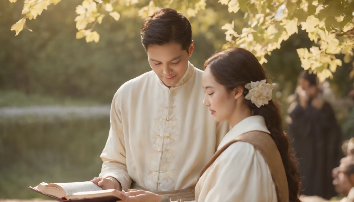 (Best Quality,Ultra-detailed,realisitic:1.37),portrait of a,Korean men and women reading the Bible,Oil Painting,Cathedral attire, View of the cathedral in the distance,Peaceful garden scene,Soft sunlight,tranquil expression,wisdom,Bible Quotes,vibrant colours,delicate brushwork,subtle textures,lush greenery,Contemplative atmosphere,Beautiful picture book,Highlighted features:Eyes in focus,gentle smiling,Graceful posture,Sunlight shining through the trees,rays,Quiet surroundings,serene ambiance,A Blessed Moment