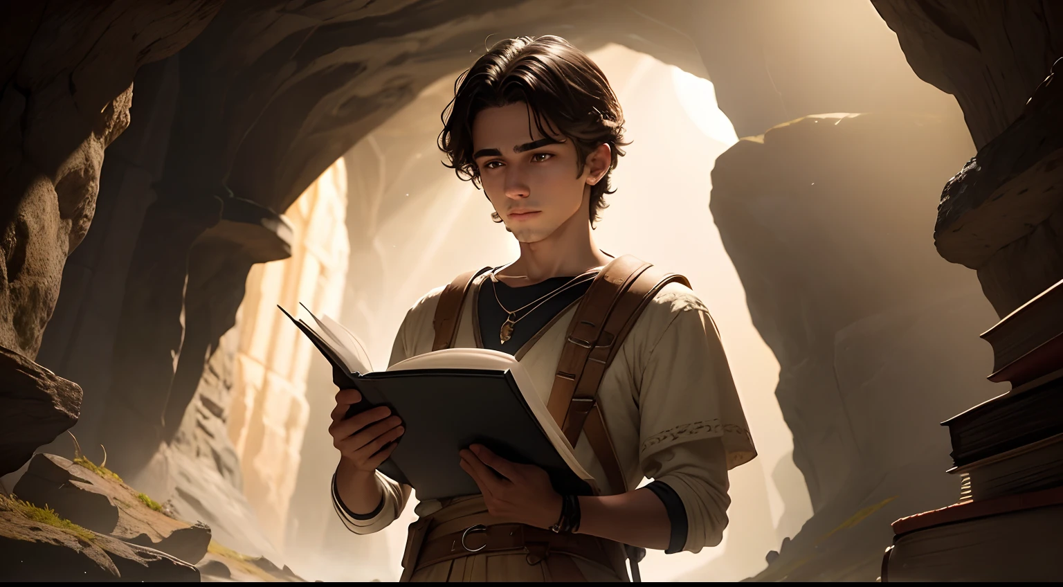 um jovem grego, dentro de uma caverna iluminada apenas por uma fraca luz do sol que penetra pelas fendas rochosas. He stands before an ancient manuscript. with curious eyes and careful hands, holds the manuscript with reverence. The yellowed pages are open, revelando UMA antiga sabedoria. The cave is mysterious, but the light of the manuscript casts a soft glow over his face. The setting of the site should be of a rustic cave. Highlight the manuscript and the man's expression.