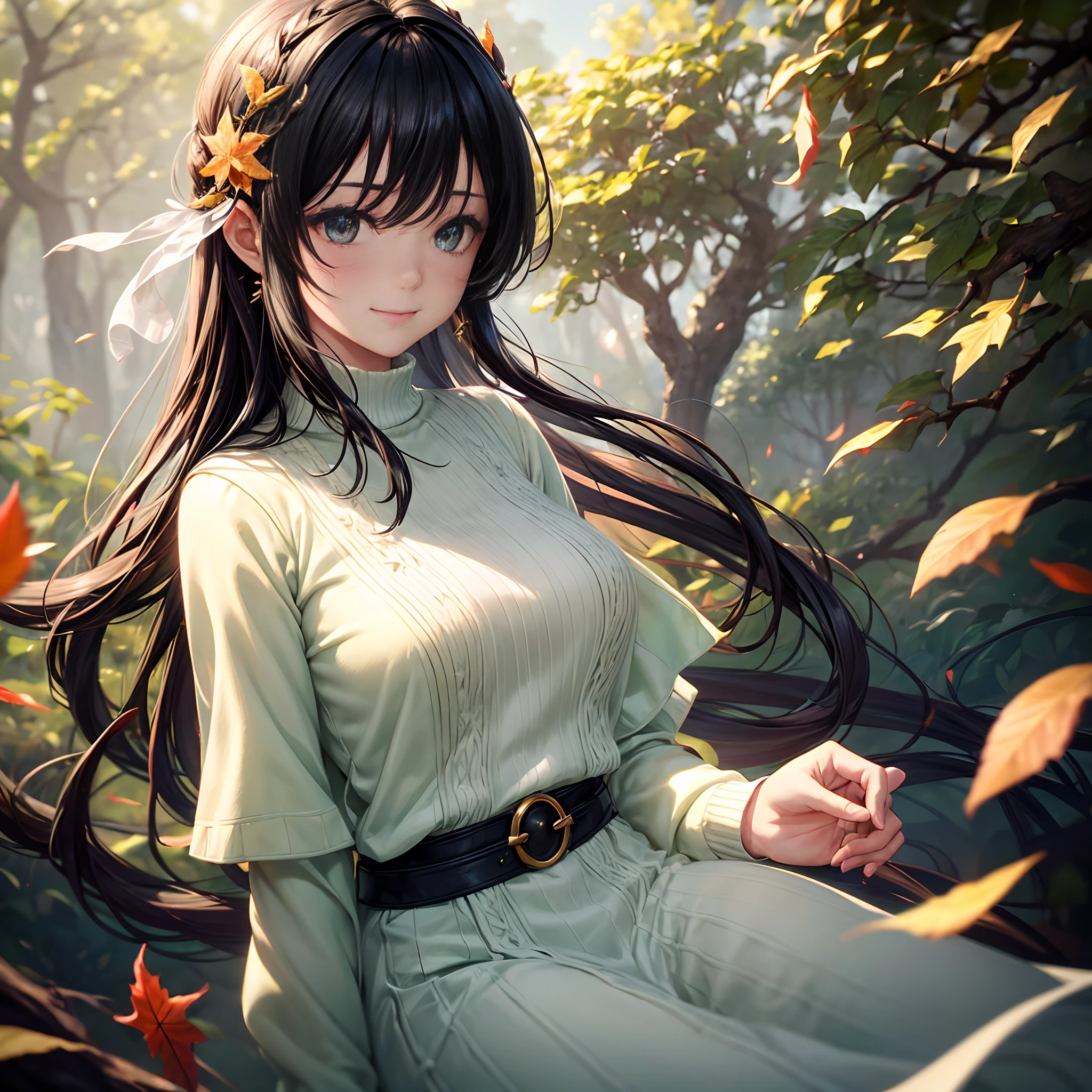 (Masterpiece), (Best Quality), (Ultra Fine), (Pan Hair), (Illustration), (1 Girl), (Fashion Clothing), Standing, Looking at the Viewer, , (Background Forest), Beautiful Delicate Eyes, Delicate Beauty, Floating, (High Saturation), (Colorful Splash), Colorful Bubbles, (Shiny), (Full Body) (Beautiful Figure), (Long Legs), Focus on the Face, (Symmetrical Facial Features), Ponytail, Lining, Black Hair, Bangs, Hair Circle, Floating Flowers, Flowing Hair, (shining), best lighting, best shadows, vistas, in the forest,