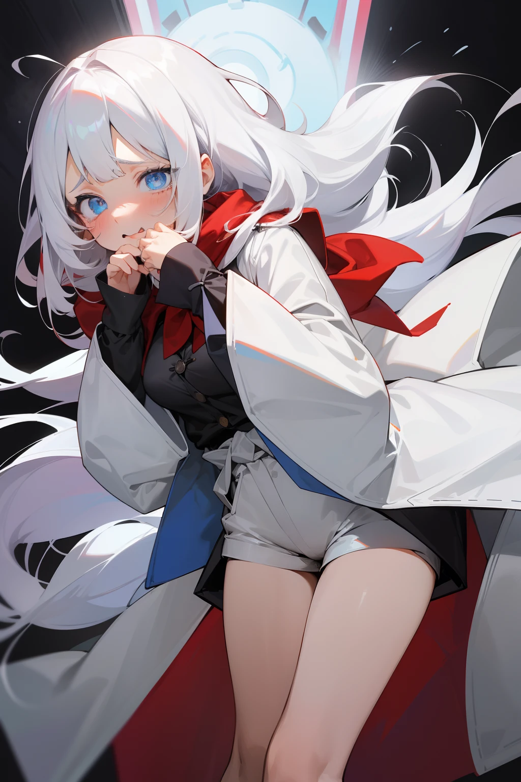 Anime , fox girl with ears and tail, white hair, blue eyes, modern clothing style, city, 4K resolution, best quality, big , wide hips.