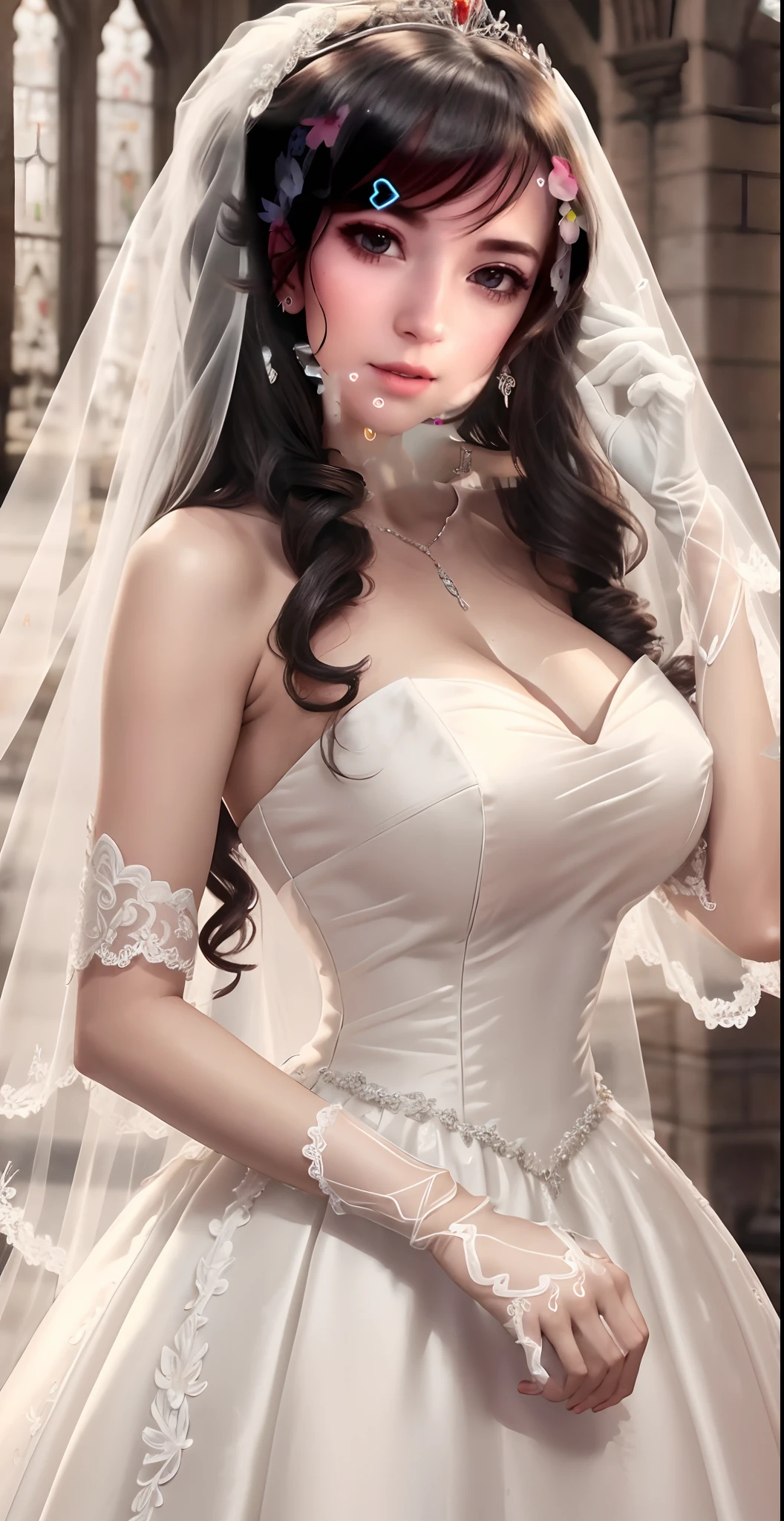 Close-up of a beautiful bride wearing a beautiful wedding dress, Gurwitz,(Pillory:1.5), (flail:1.2), flail on the head, flail on the hands,(bridal veil: 1.5), (transparent short veil: 1.5), flushed face, head flower, tiara, Very detailed princess wedding dress,(tube wedding dress: 1.5), (silk dress: 1.2 ), (strapless wedding dress: 1.5), (floor length skirt:1.2), pure white dress,white long skirt, necklace, earrings, (huge breasts: 1.3), deep V heart-neck wedding dress, bangs, lipstick, (lace gloves: 1.3), high detail RAW Color art,