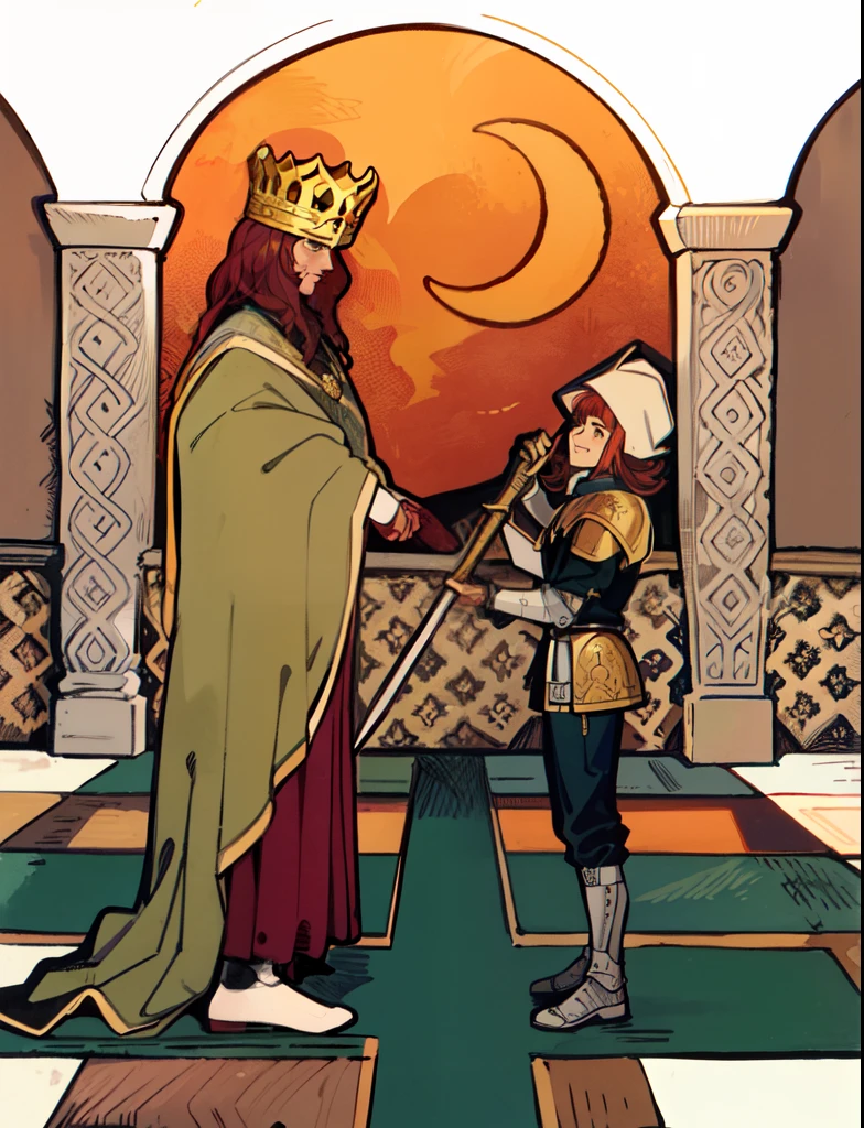 there is a drawing of a man and a woman in a castle, by Bjørn Wiinblad, granting him a noble title, by William Stout, by Maurice Sendak, jean giraud and waterhouse, classic children's illustration, with scepter and crown, by Edward Baird, the white king, medieval fantasy illustration, moebius illustration art, medieval illustration, king in white robes, red hair, knight in green armor