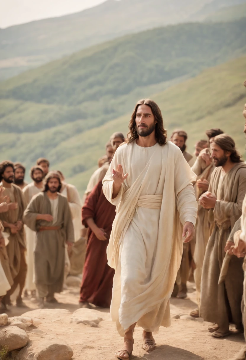 Jesus and his disciples typical clothes of the biblical era on a mountain and a crowd around him